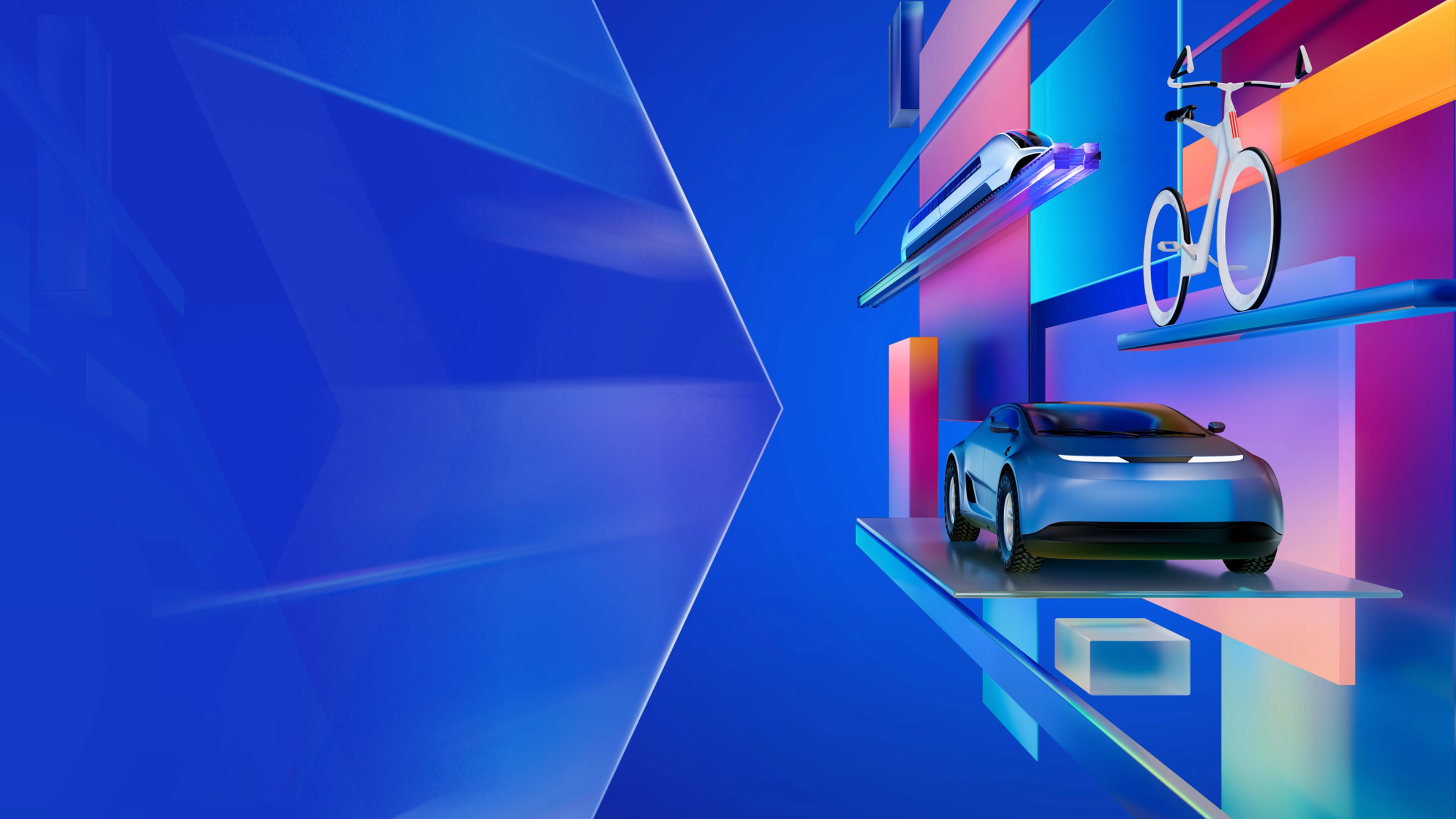 Futuristische 3D-Illustration verschiedener Mobilitätskonzepte mit Fahrrad, Zug und E-Auto auf blauem Hintergrund mit bunten Lichteffekten.