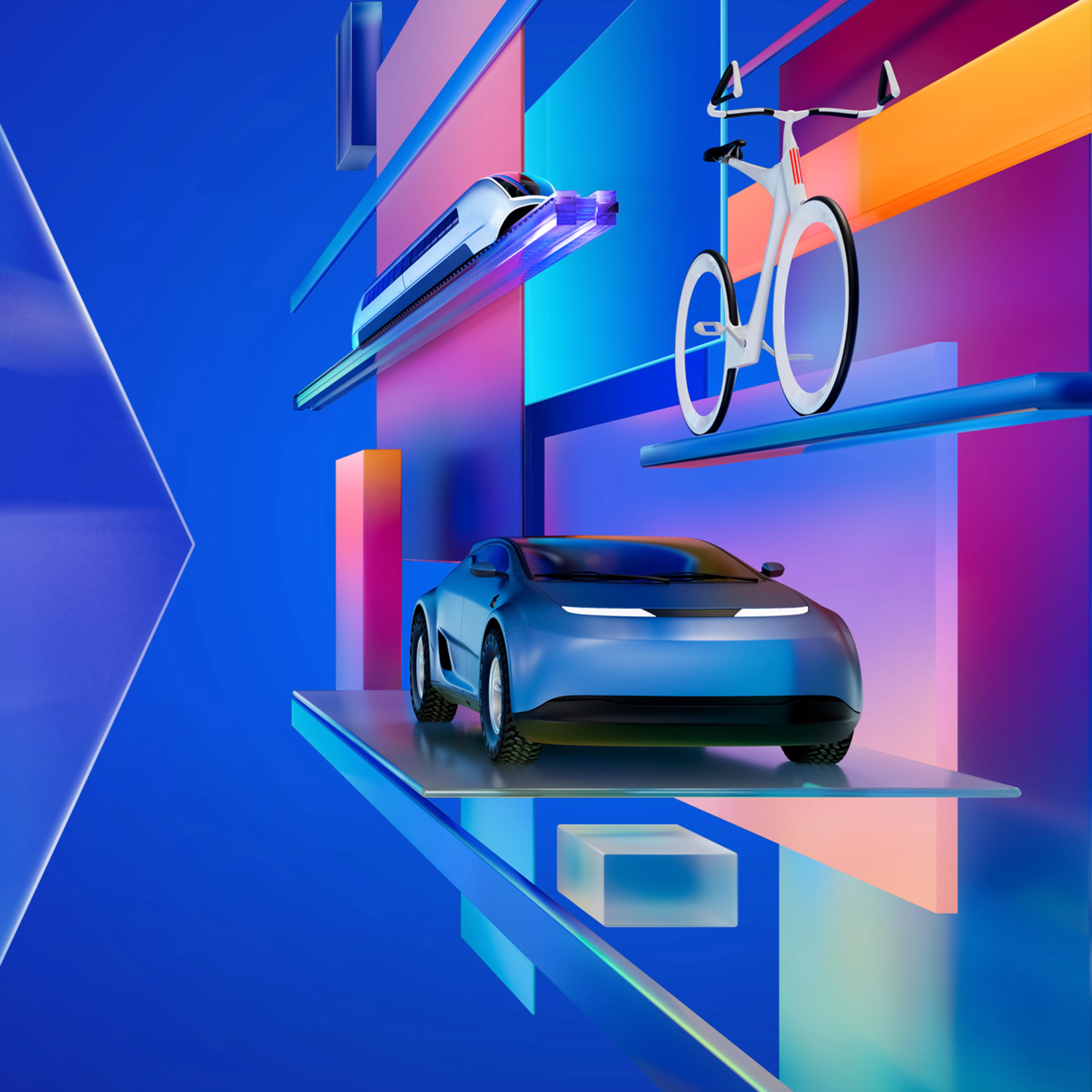 Futuristische 3D-Illustration verschiedener Mobilitätskonzepte mit Fahrrad, Zug und E-Auto auf blauem Hintergrund mit bunten Lichteffekten.