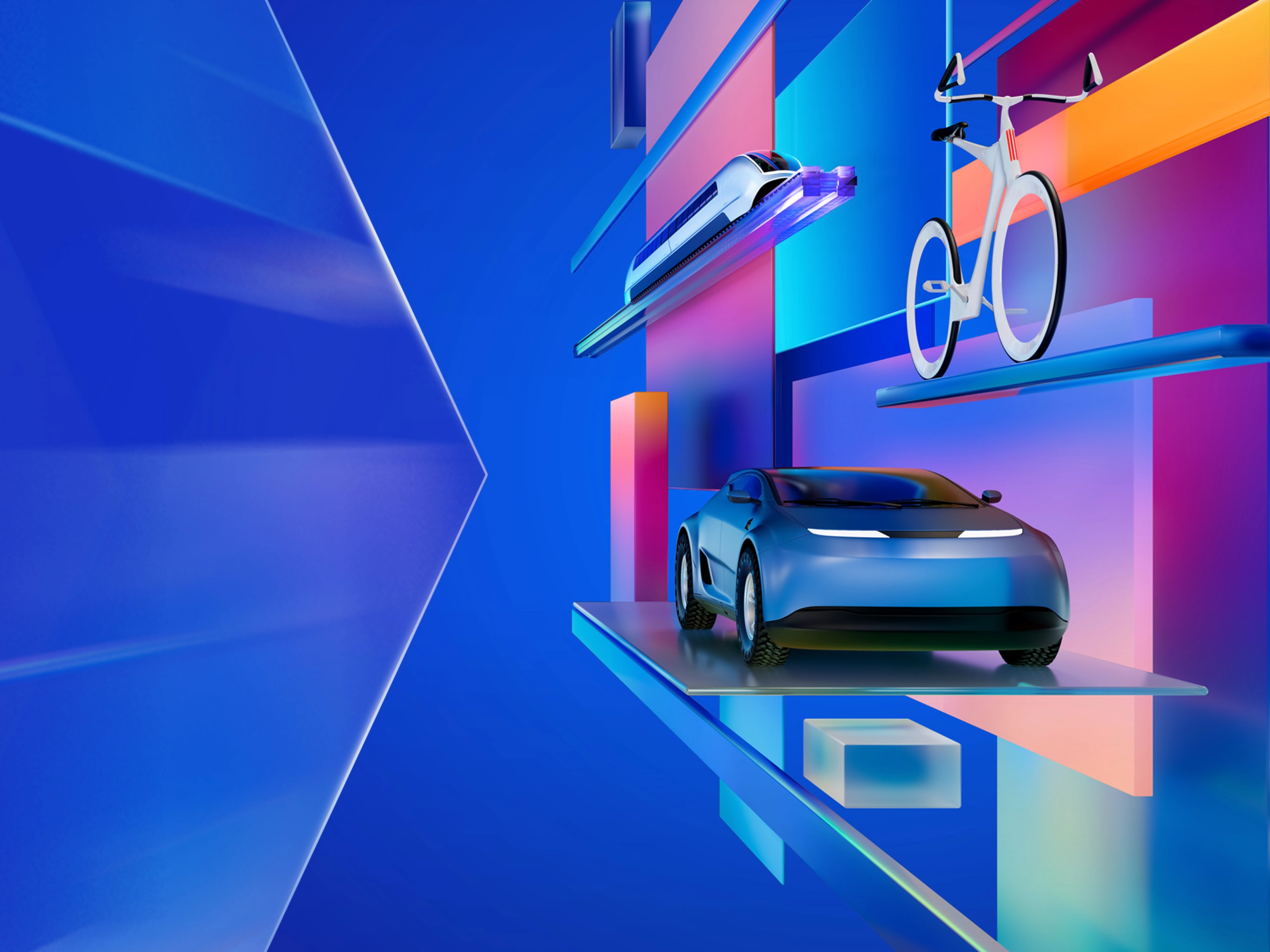 Futuristische 3D-Illustration verschiedener Mobilitätskonzepte mit Fahrrad, Zug und E-Auto auf blauem Hintergrund mit bunten Lichteffekten.