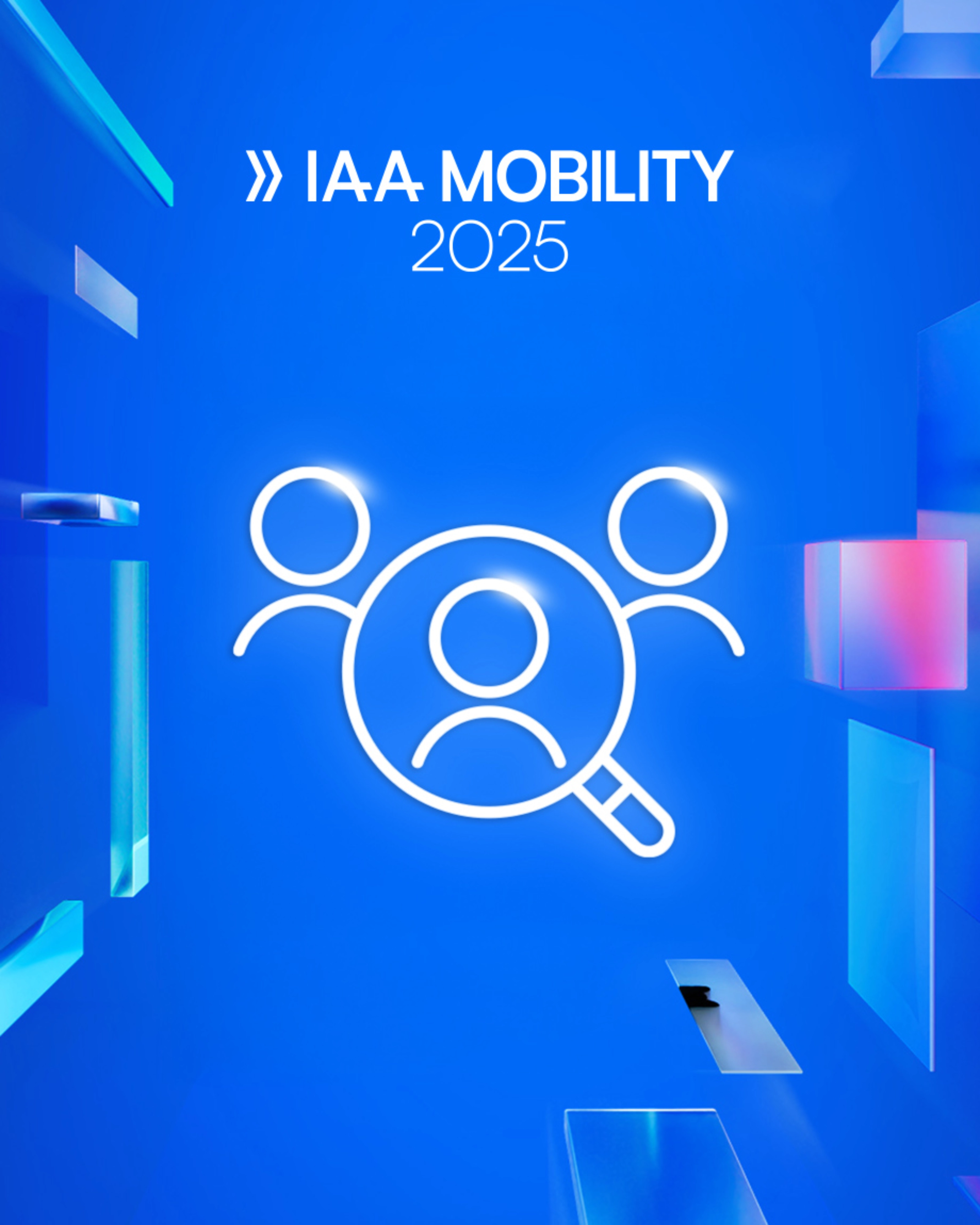 Logo of IAA Mobility 2025 with icon of three people and a magnifying glass on a blue background.