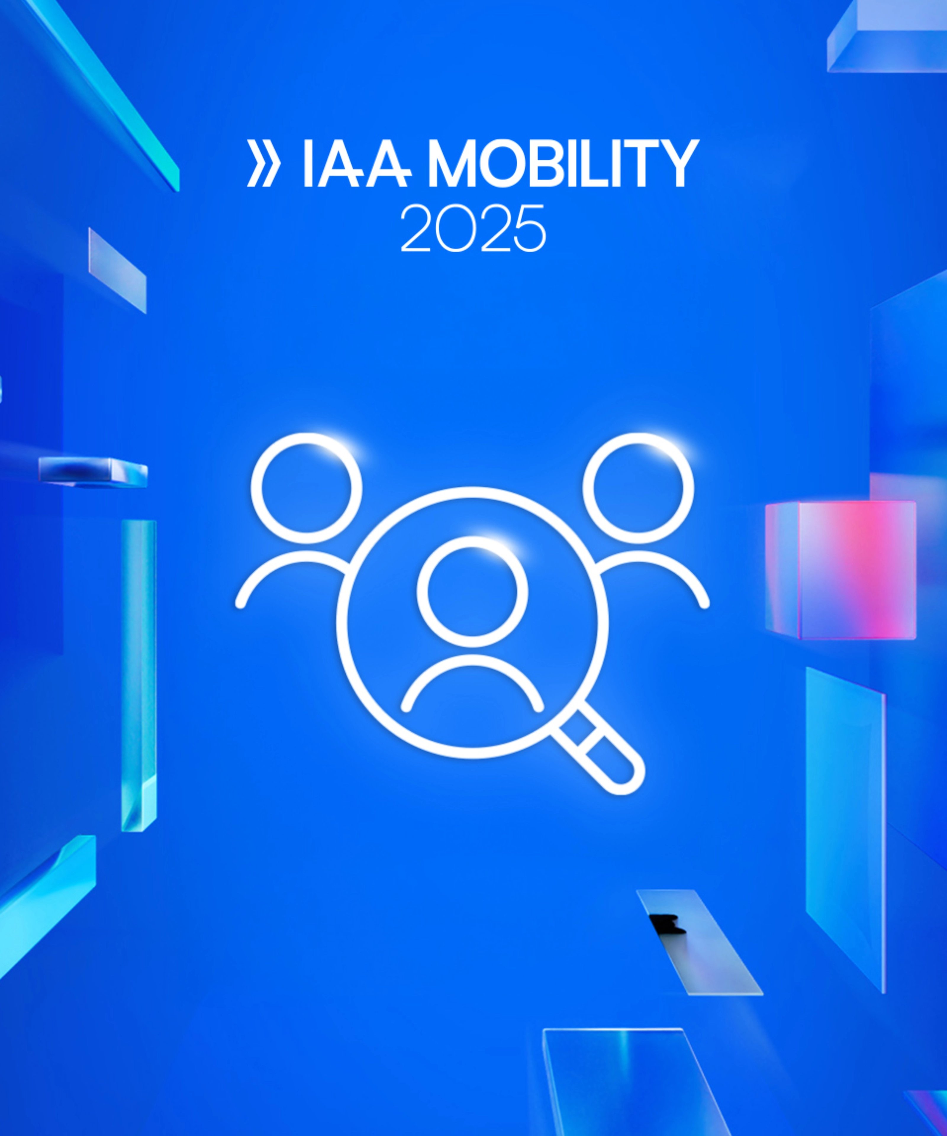 Logo of IAA Mobility 2025 with icon of three people and a magnifying glass on a blue background.