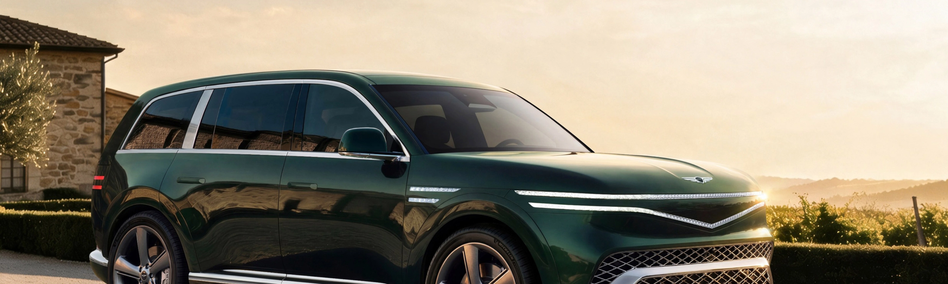 Grüner Genesis SUV auf einer Landstraße bei Sonnenuntergang.