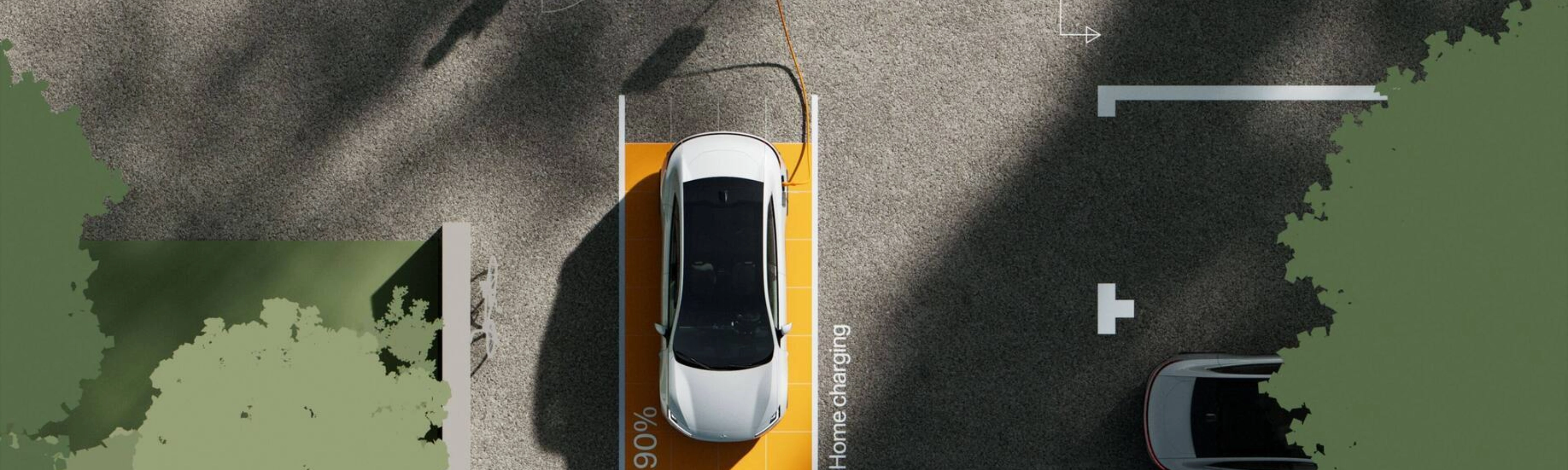 Top view of an electric car home charging, shown at 90%.