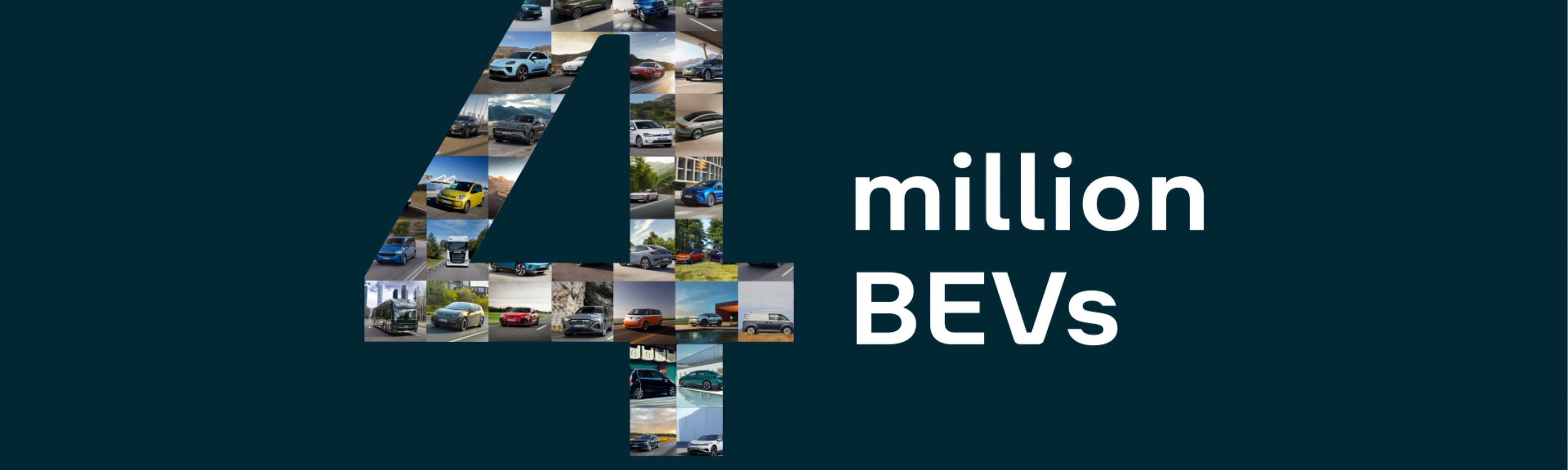 Graphic with number 4 made of car photos and text “4 million BEVs”, Volkswagen Group.