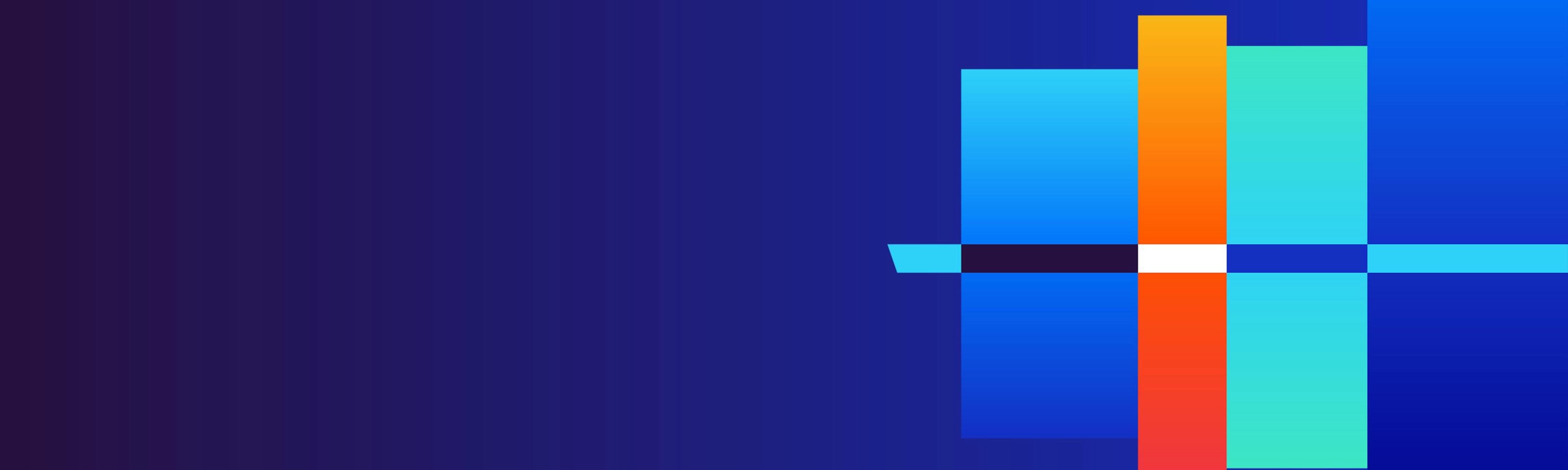 Abstract geometric design with intersecting colorful rectangles on a dark blue gradient background.