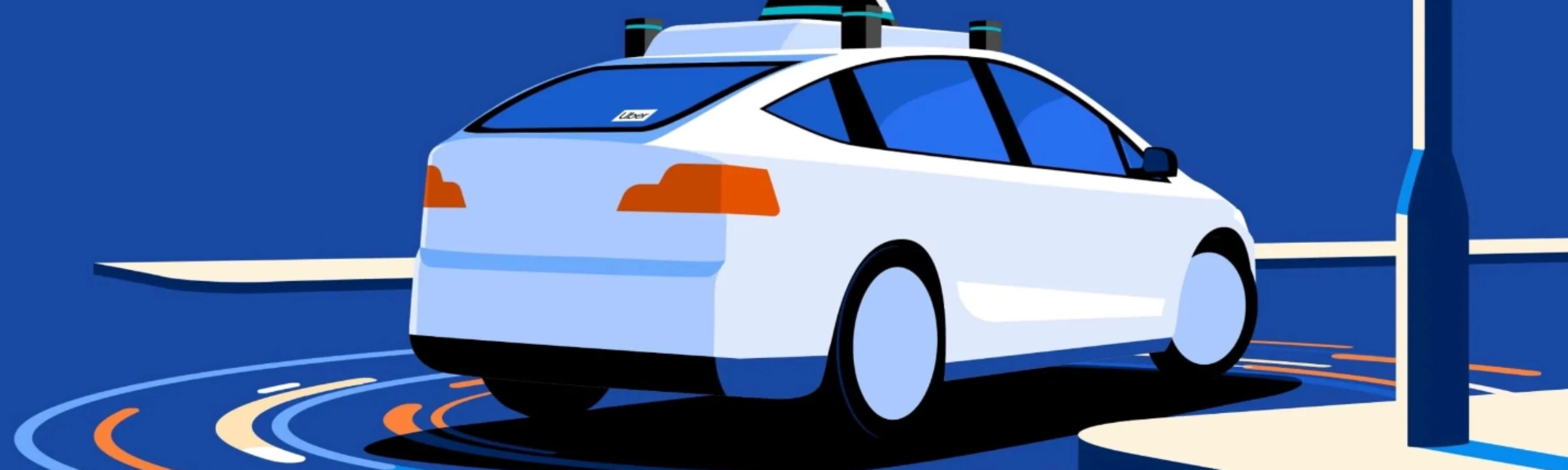 Illustration eines autonomen Autos mit Sensoren nahe Ladesäule.