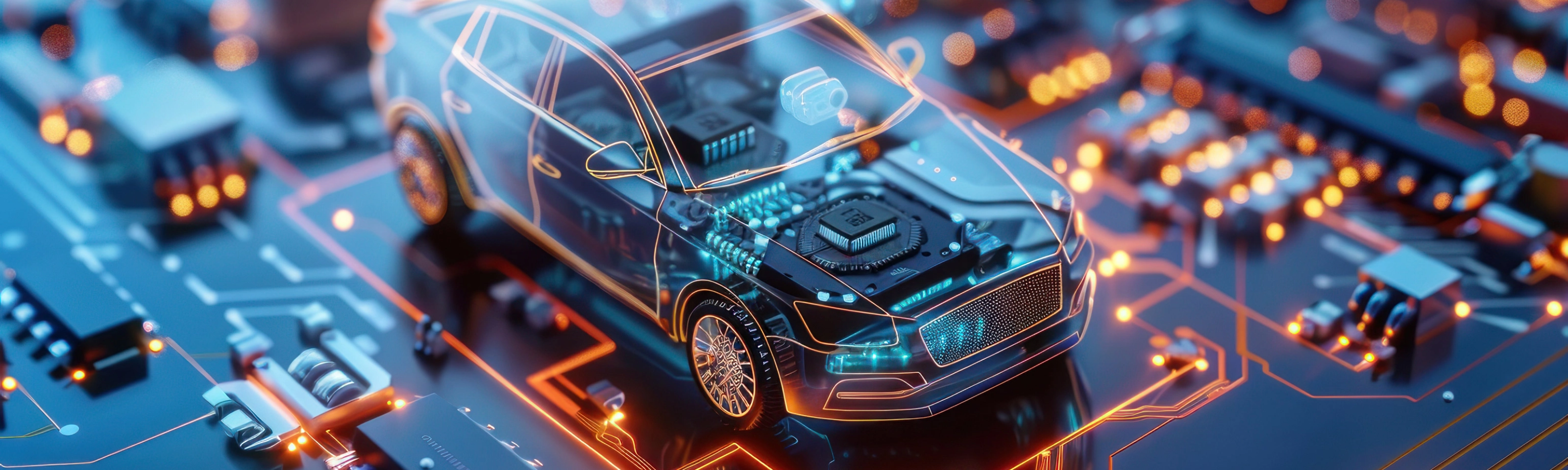 Digitale Darstellung eines vernetzten Autos auf einer Leiterplatte.