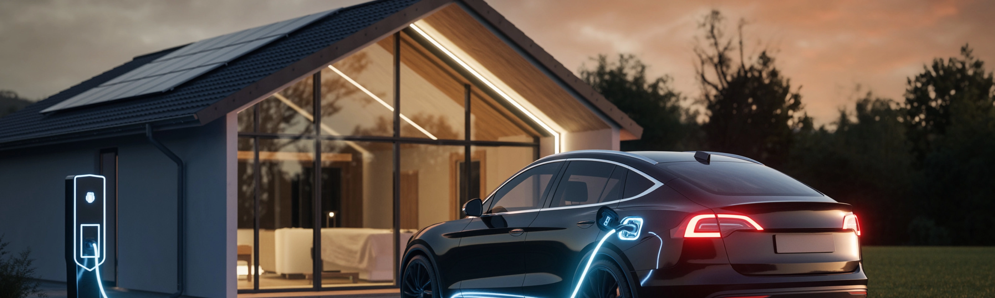 Elektroauto lädt an Wallbox vor modernem Haus in der Dämmerung.