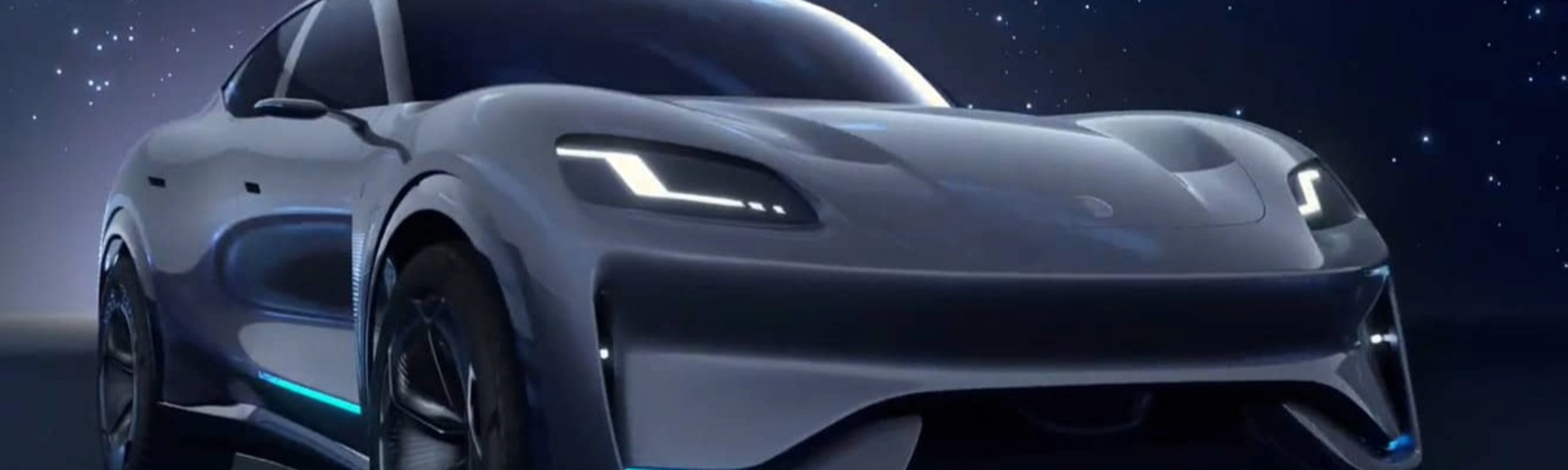 Seres electric sedan in dark blue setting with illuminated light accents.