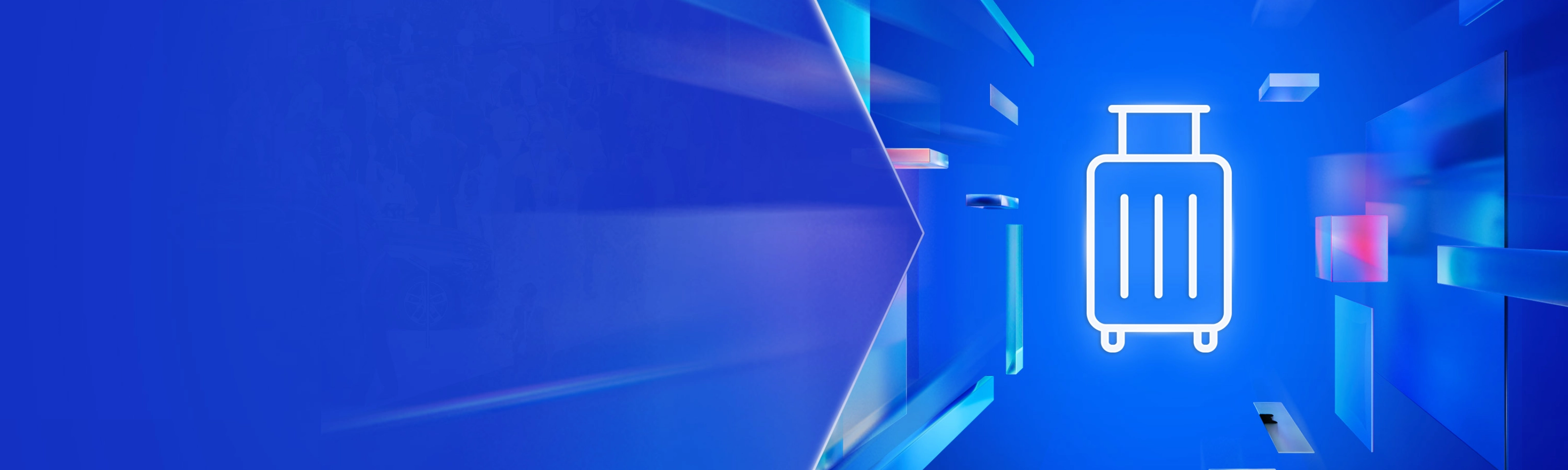 Weißes Koffersymbol auf blauem, digitalem Hintergrund mit transparenten Formen – steht für Anreise oder Besucherinformation zur Veranstaltung.