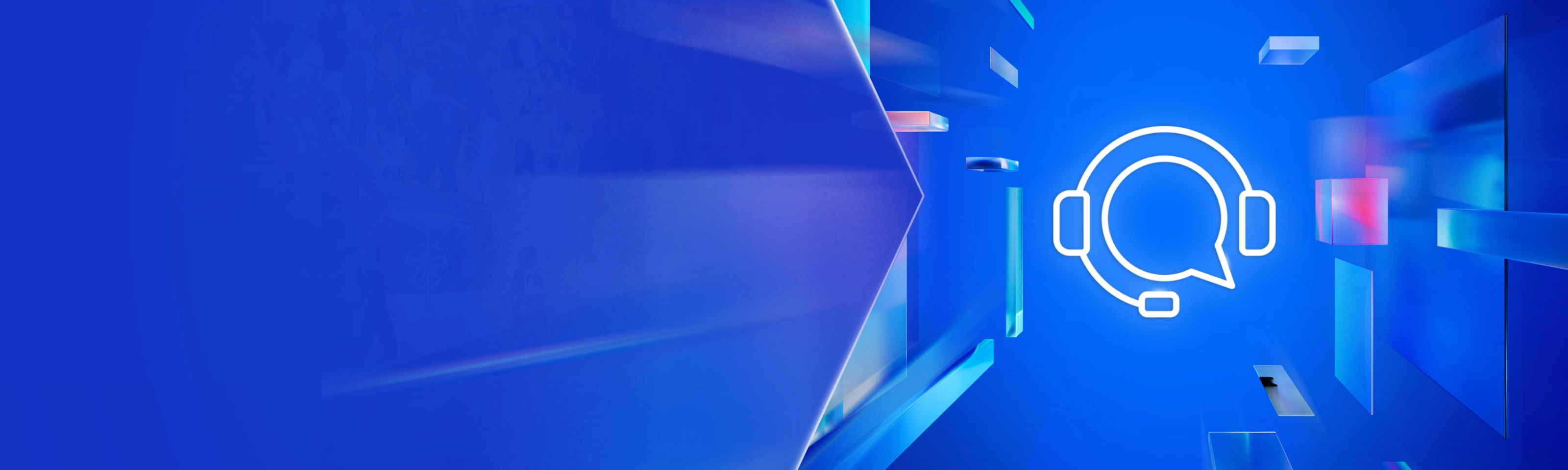 White headset icon with speech bubble on a blue digital background with floating shapes.