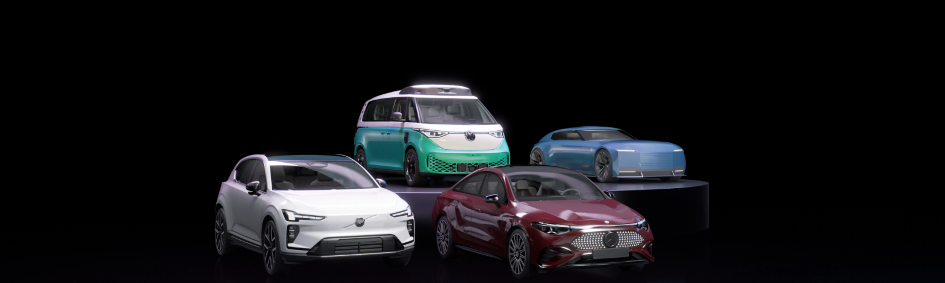 Vier Autos verschiedener Hersteller vor schwarzem Hintergrund, die NVIDIA repräsentieren.