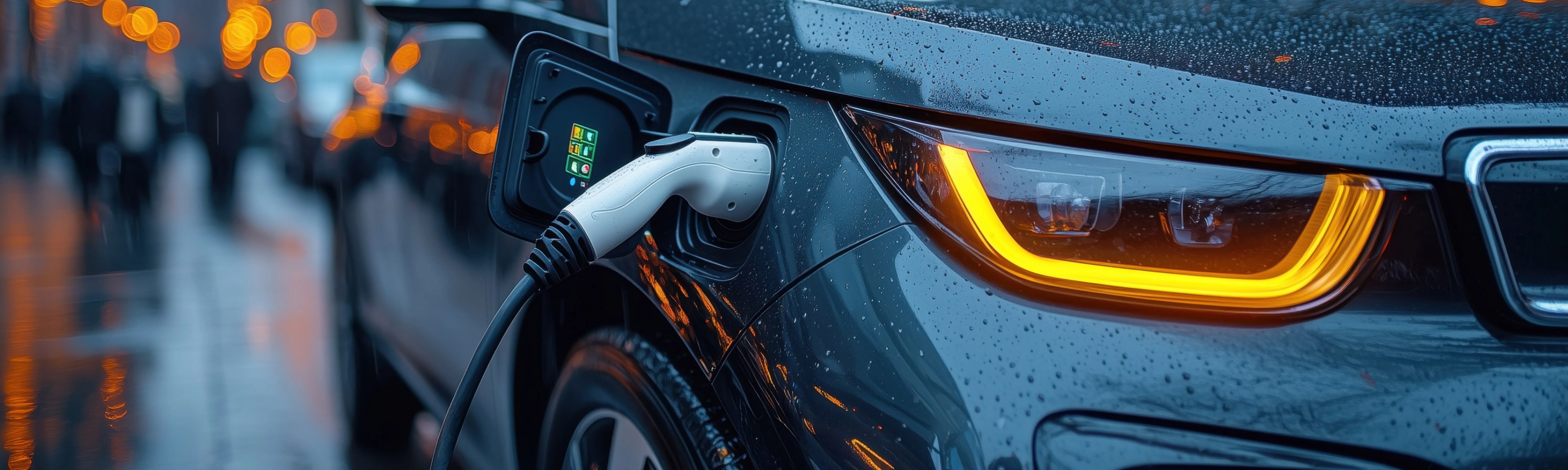 Electric car charging on a rainy city street at night with glowing headlights.