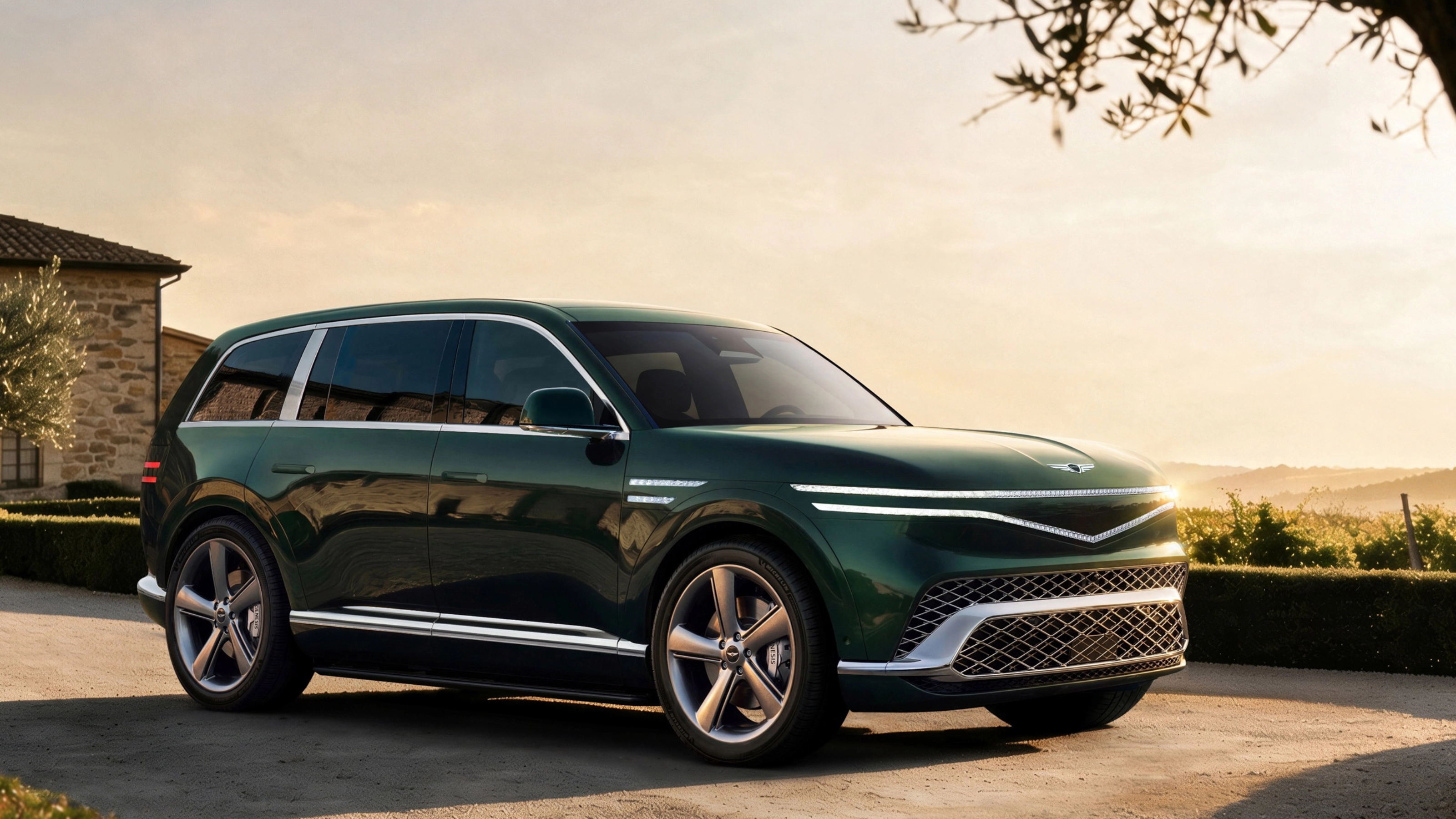 Grüner Genesis SUV auf einer Landstraße bei Sonnenuntergang.