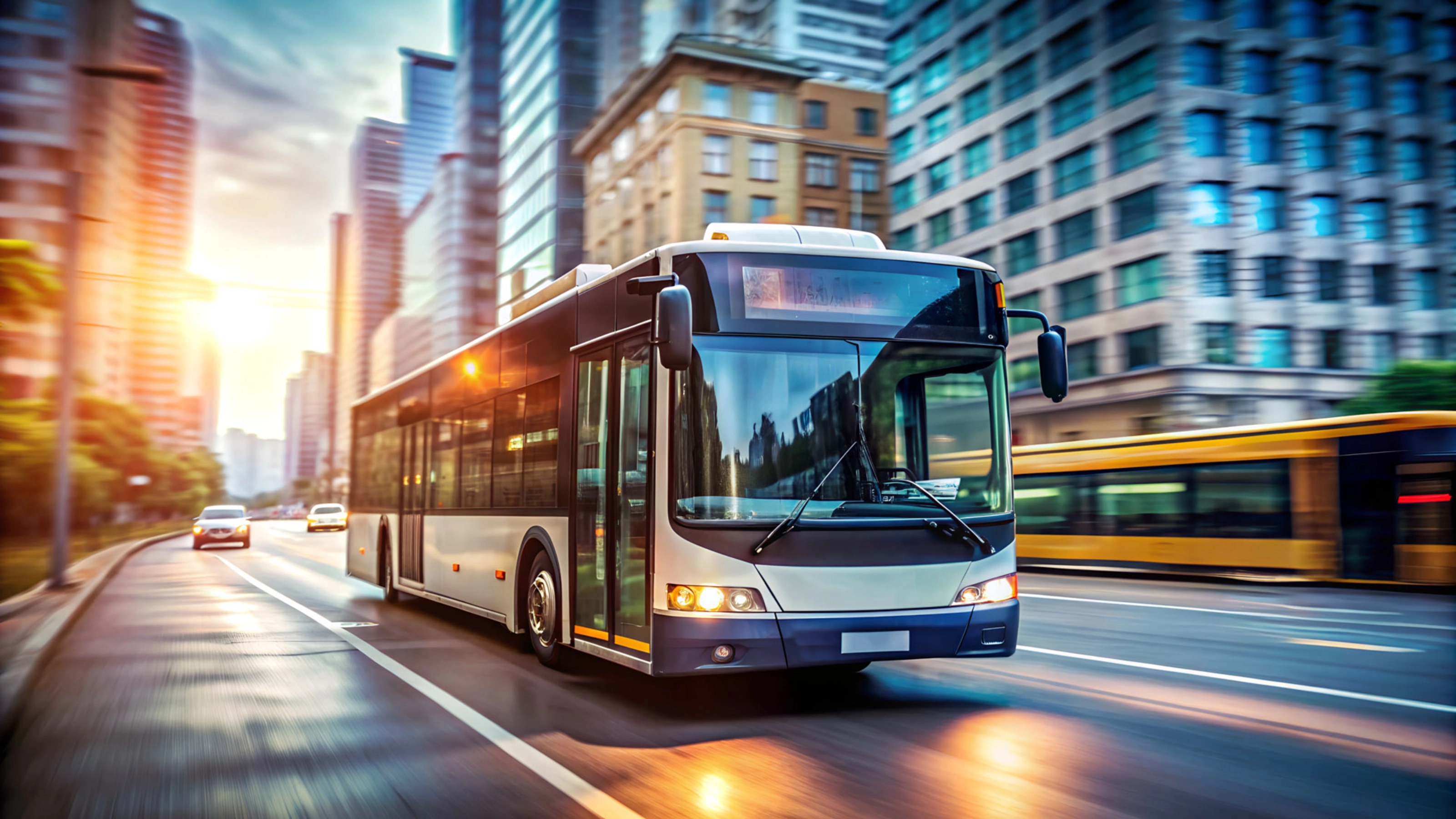 Modern city bus driving along a street lined with skyscrapers at sunset.
