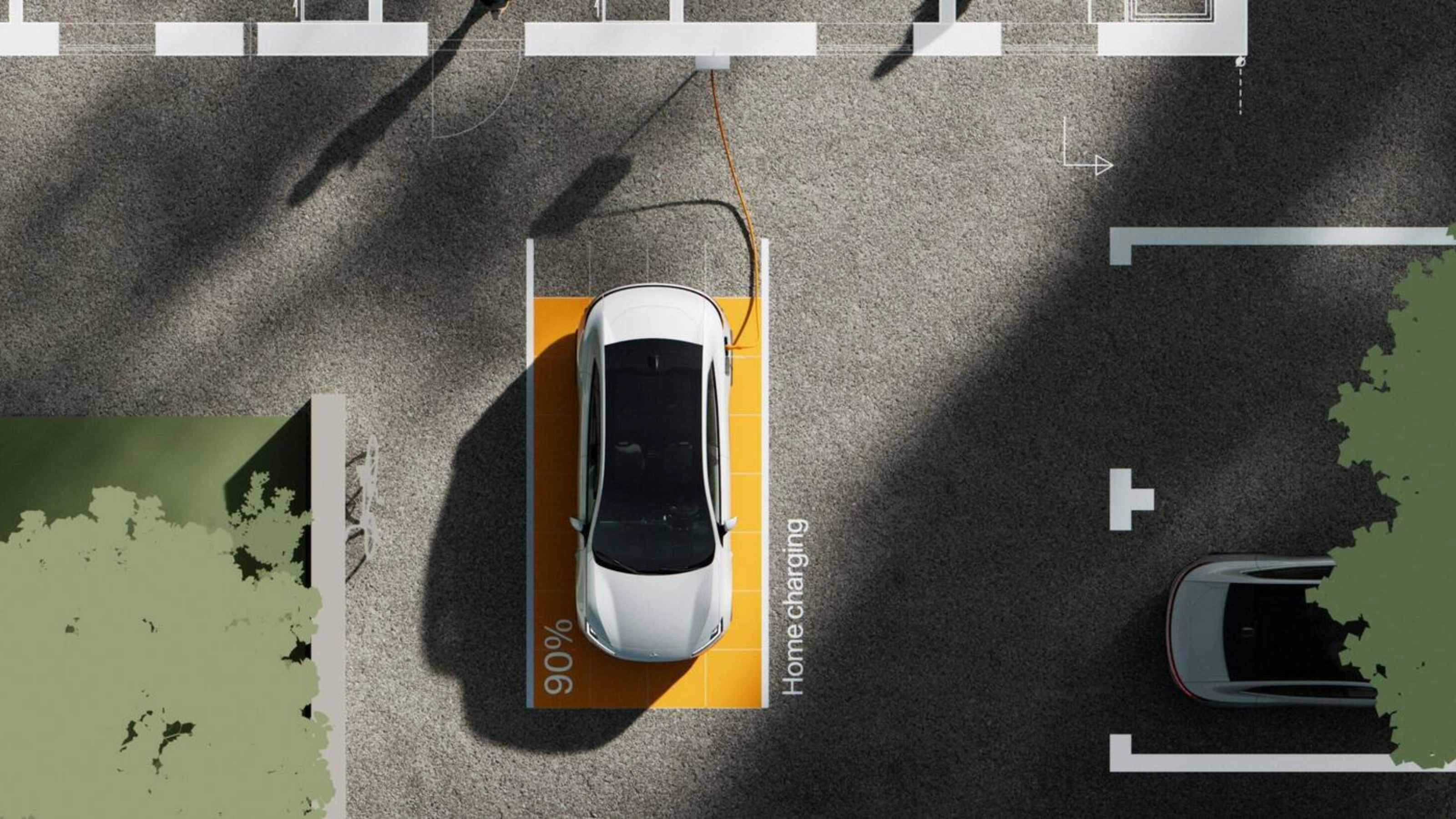 Top view of an electric car home charging, shown at 90%.