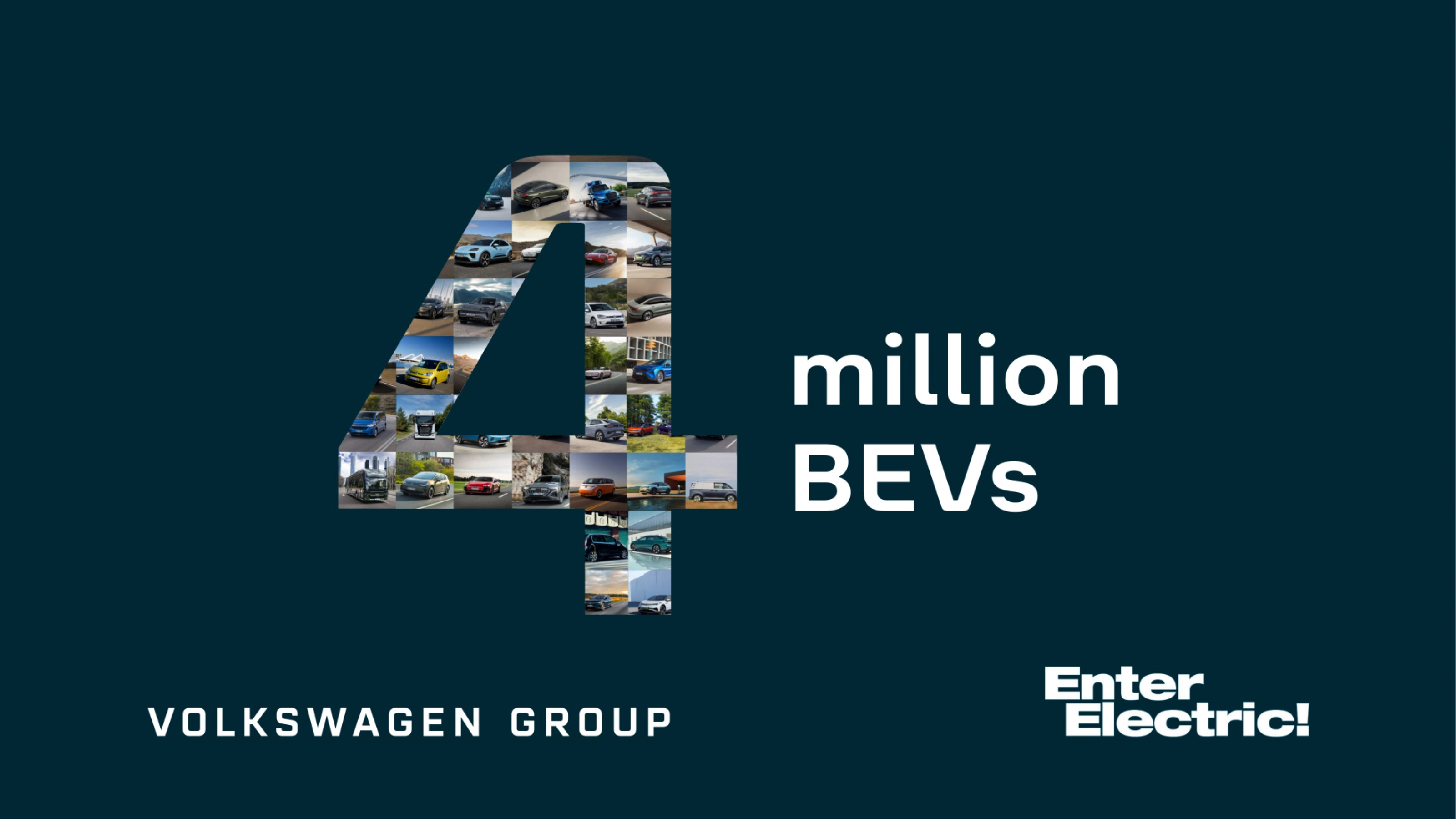 Graphic with number 4 made of car photos and text “4 million BEVs”, Volkswagen Group.