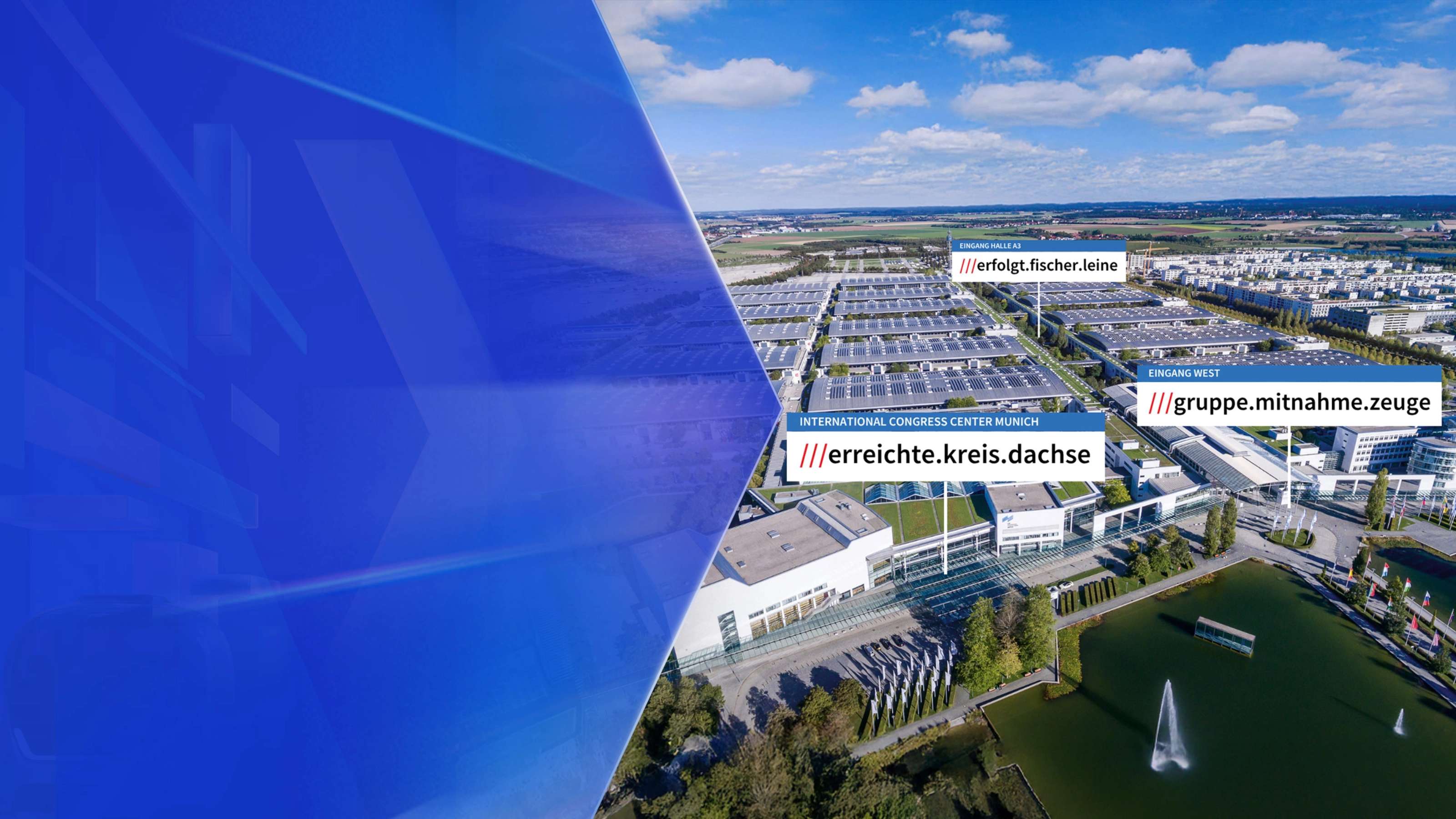 Luftaufnahme eines Messegeländes mit beschrifteten Hallen und einem Springbrunnen in der Nähe.