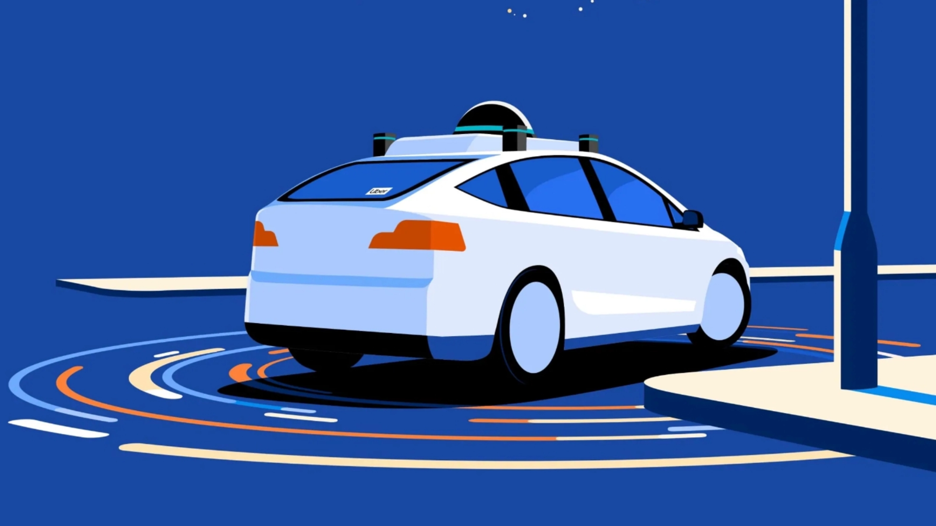 Illustration eines autonomen Autos mit Sensoren nahe Ladesäule.