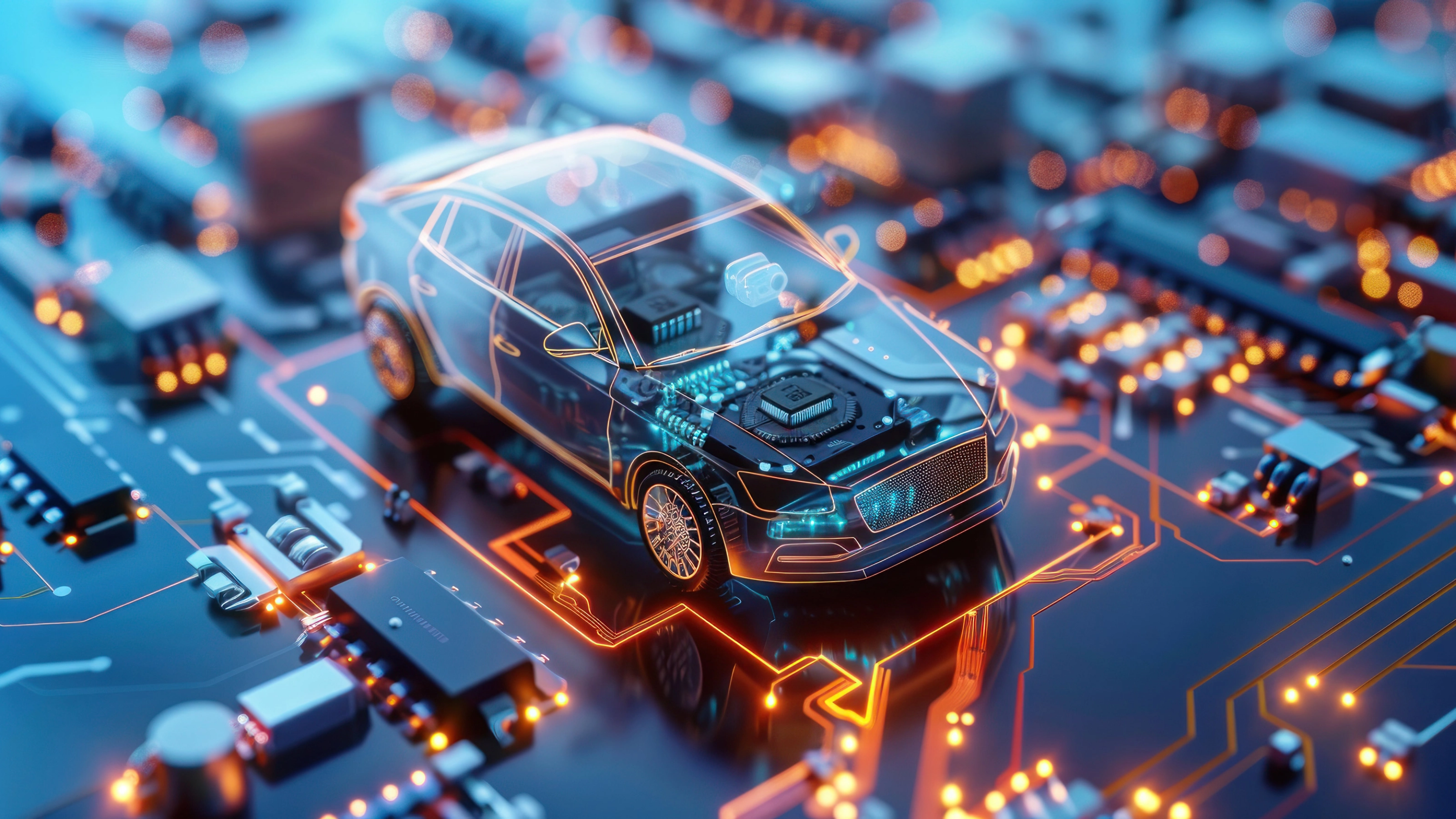 Digitale Darstellung eines vernetzten Autos auf einer Leiterplatte.