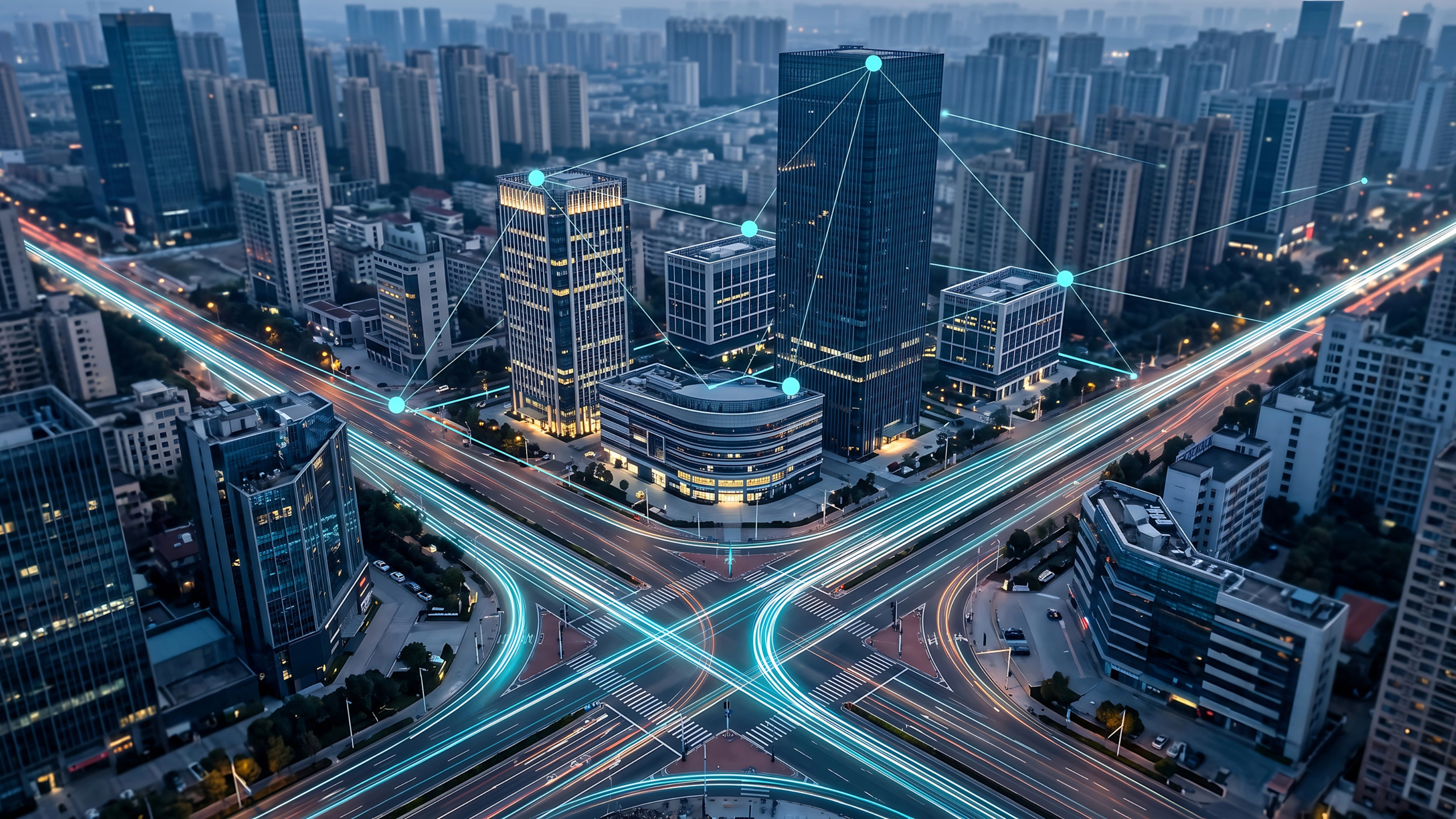 Smart City mit vernetzten Hochhäusern, digitalen Netzwerken und beleuchteten Verkehrswegen.