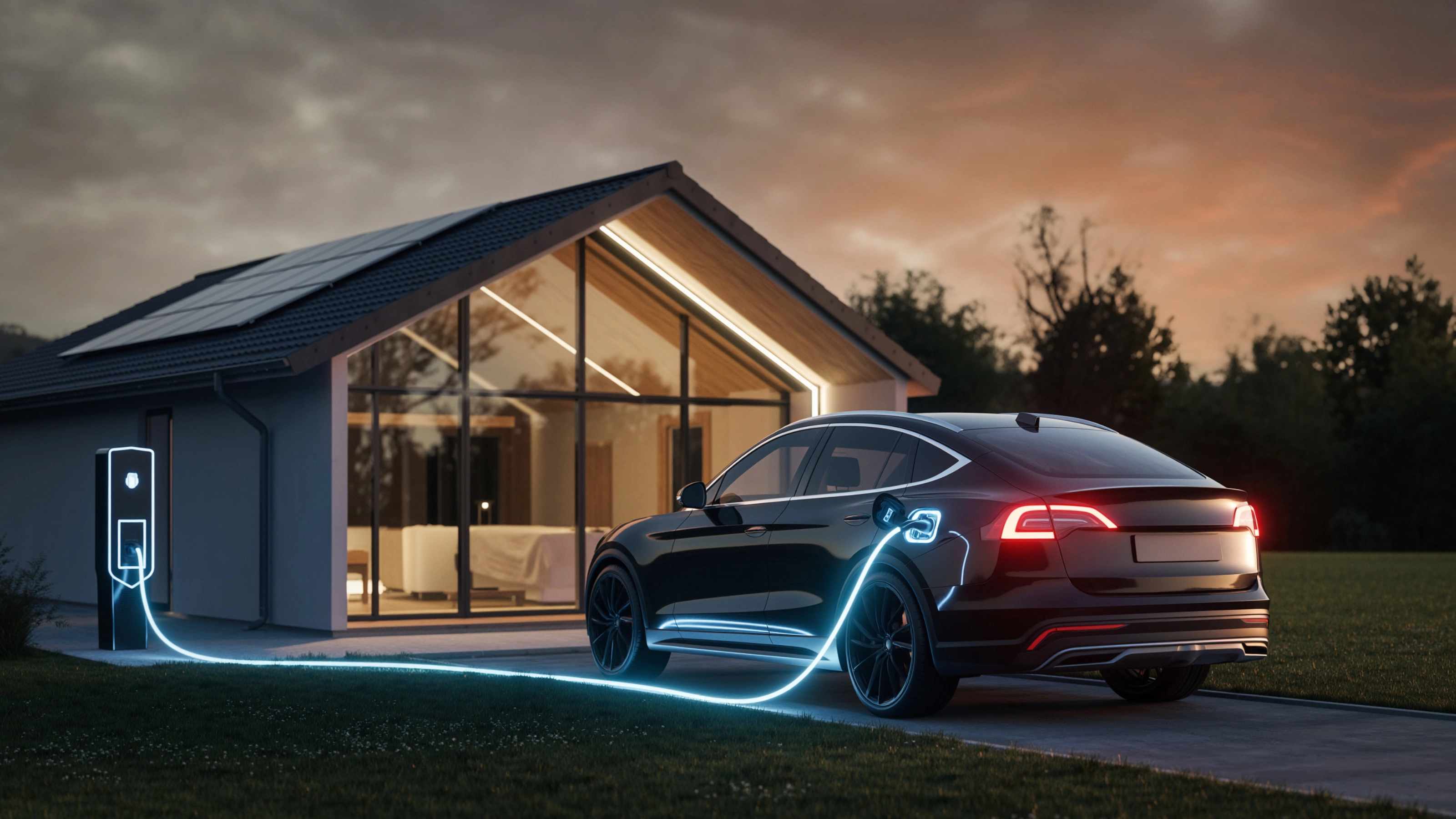 Elektroauto lädt an Wallbox vor modernem Haus in der Dämmerung.