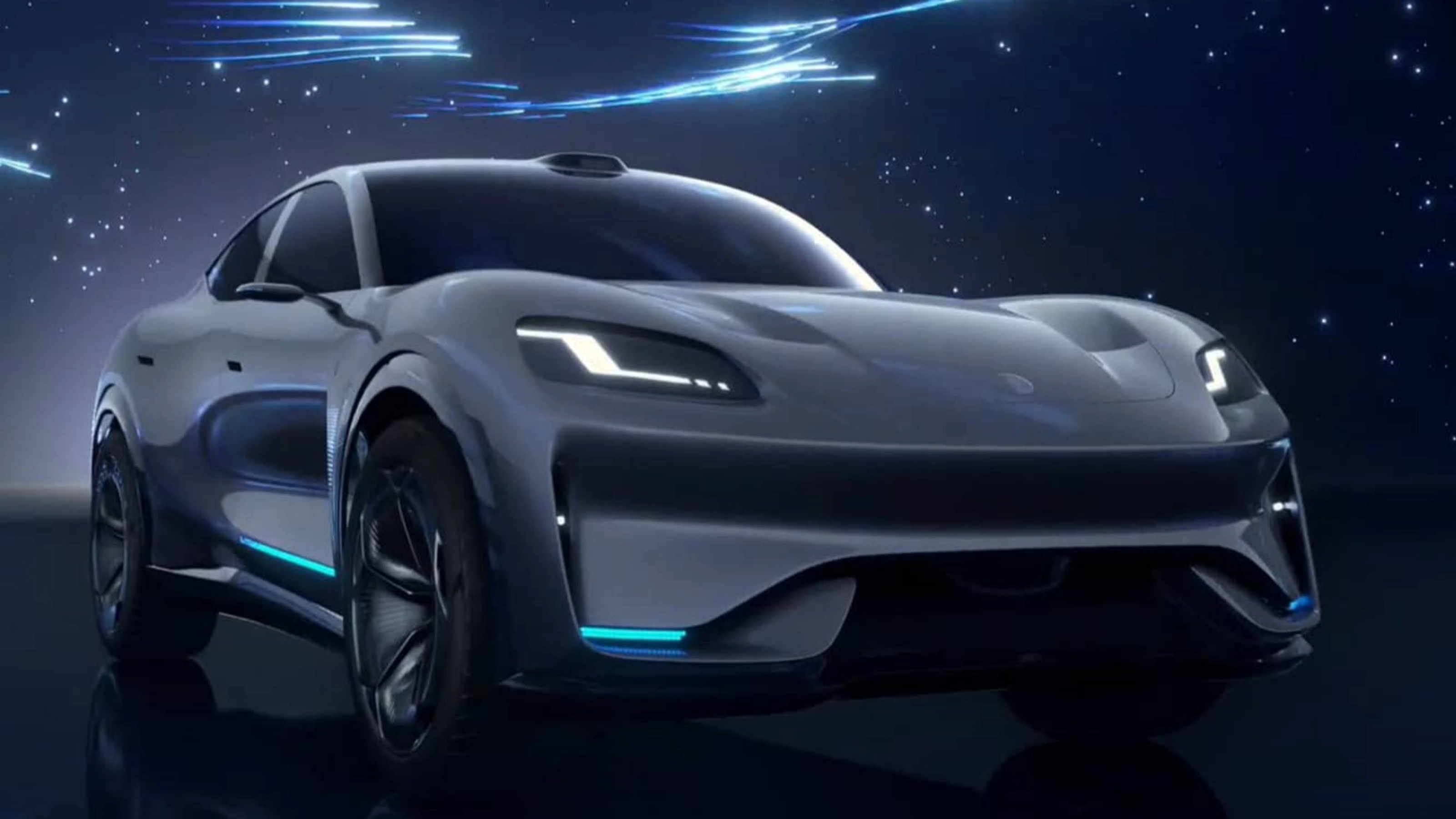 Seres electric sedan in dark blue setting with illuminated light accents.