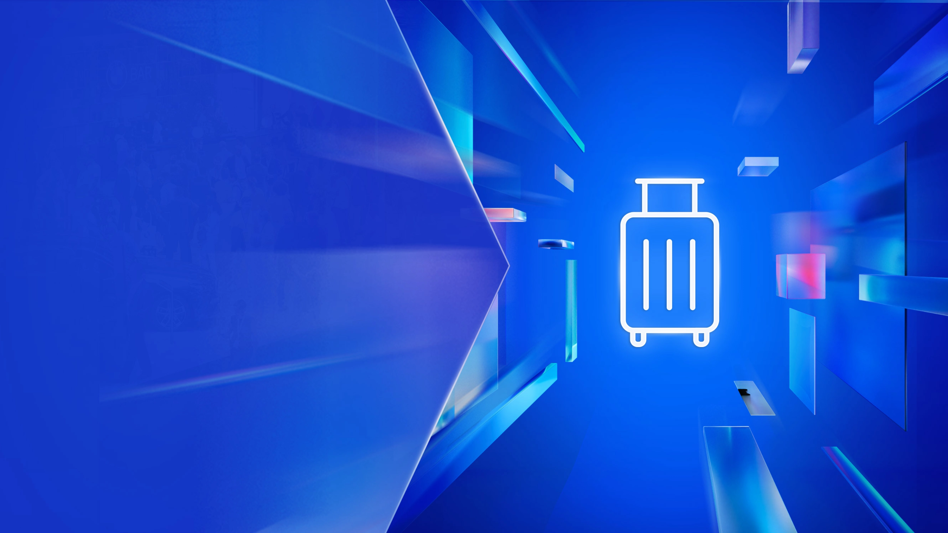 Weißes Koffersymbol auf blauem, digitalem Hintergrund mit transparenten Formen – steht für Anreise oder Besucherinformation zur Veranstaltung.