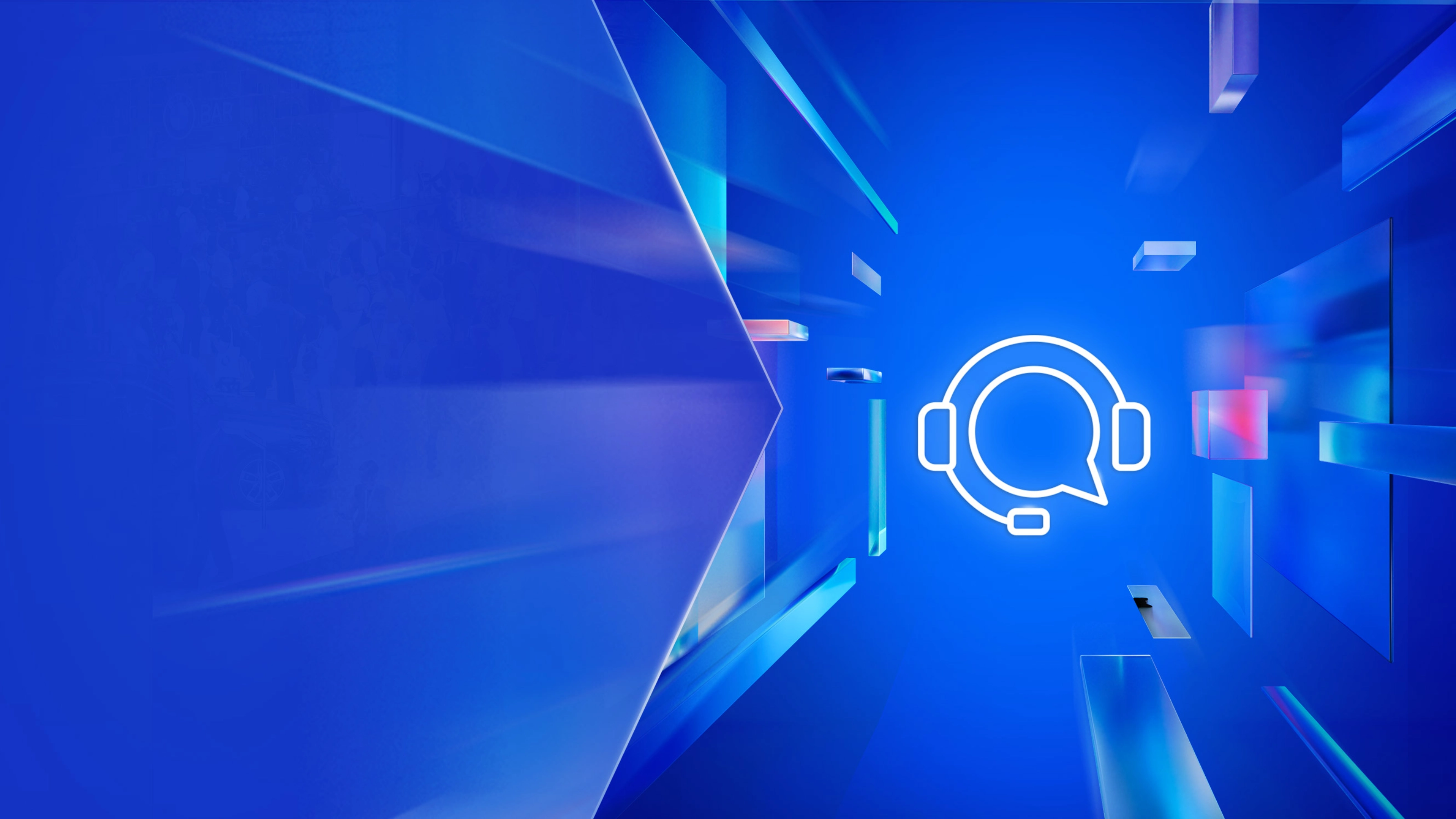 White headset icon with speech bubble on a blue digital background with floating shapes.