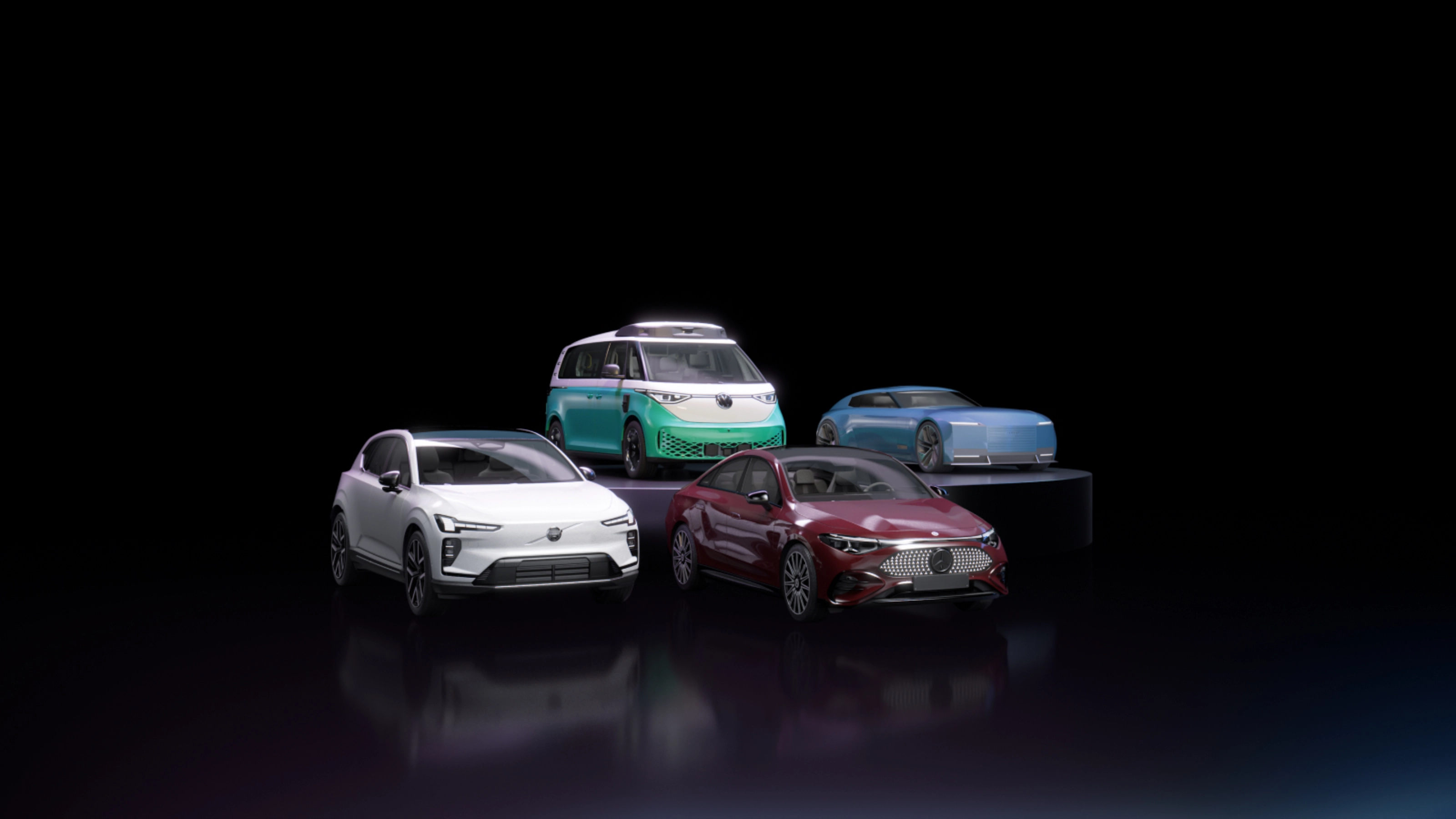 Vier Autos verschiedener Hersteller vor schwarzem Hintergrund, die NVIDIA repräsentieren.