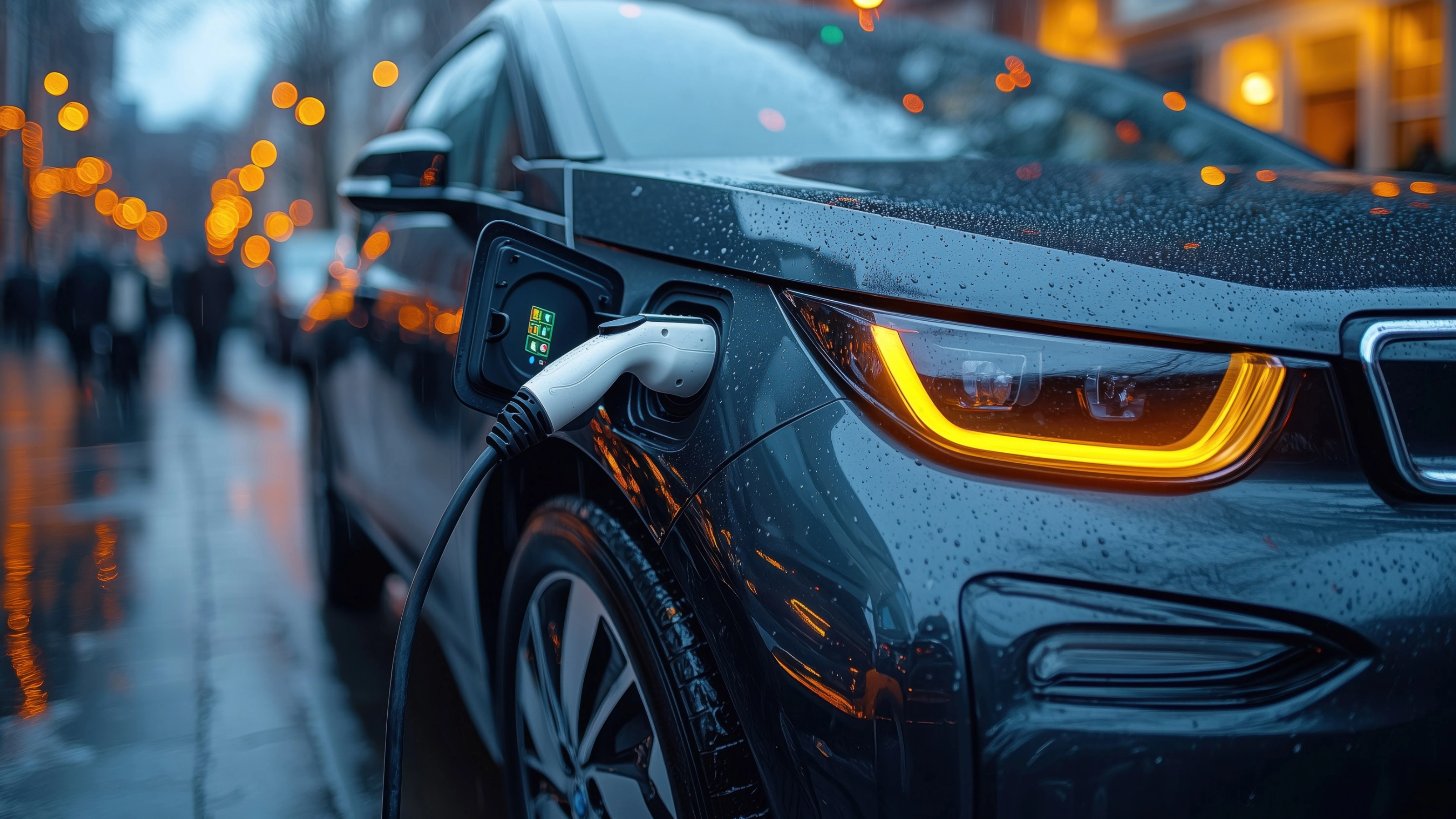 Electric car charging on a rainy city street at night with glowing headlights.