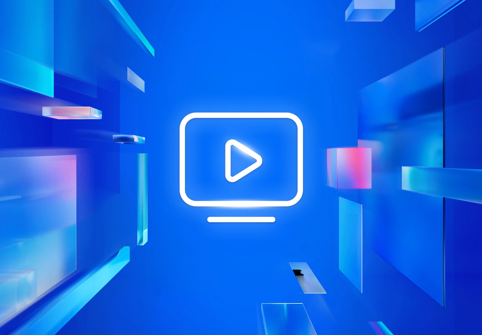 Weißes Play-Symbol auf einem Bildschirm mit digitalen Formen auf blauem Hintergrund.