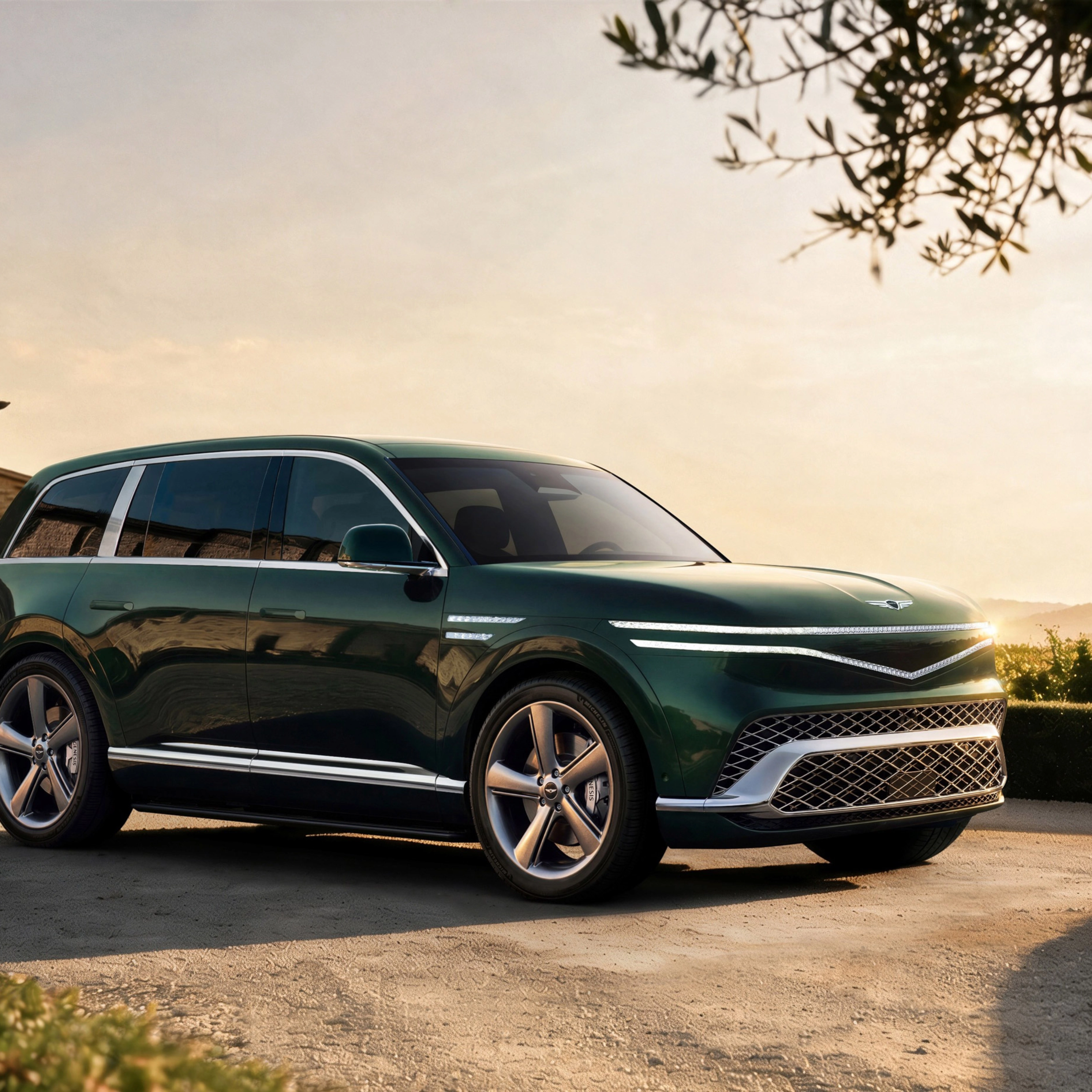 Grüner Genesis SUV auf einer Landstraße bei Sonnenuntergang.