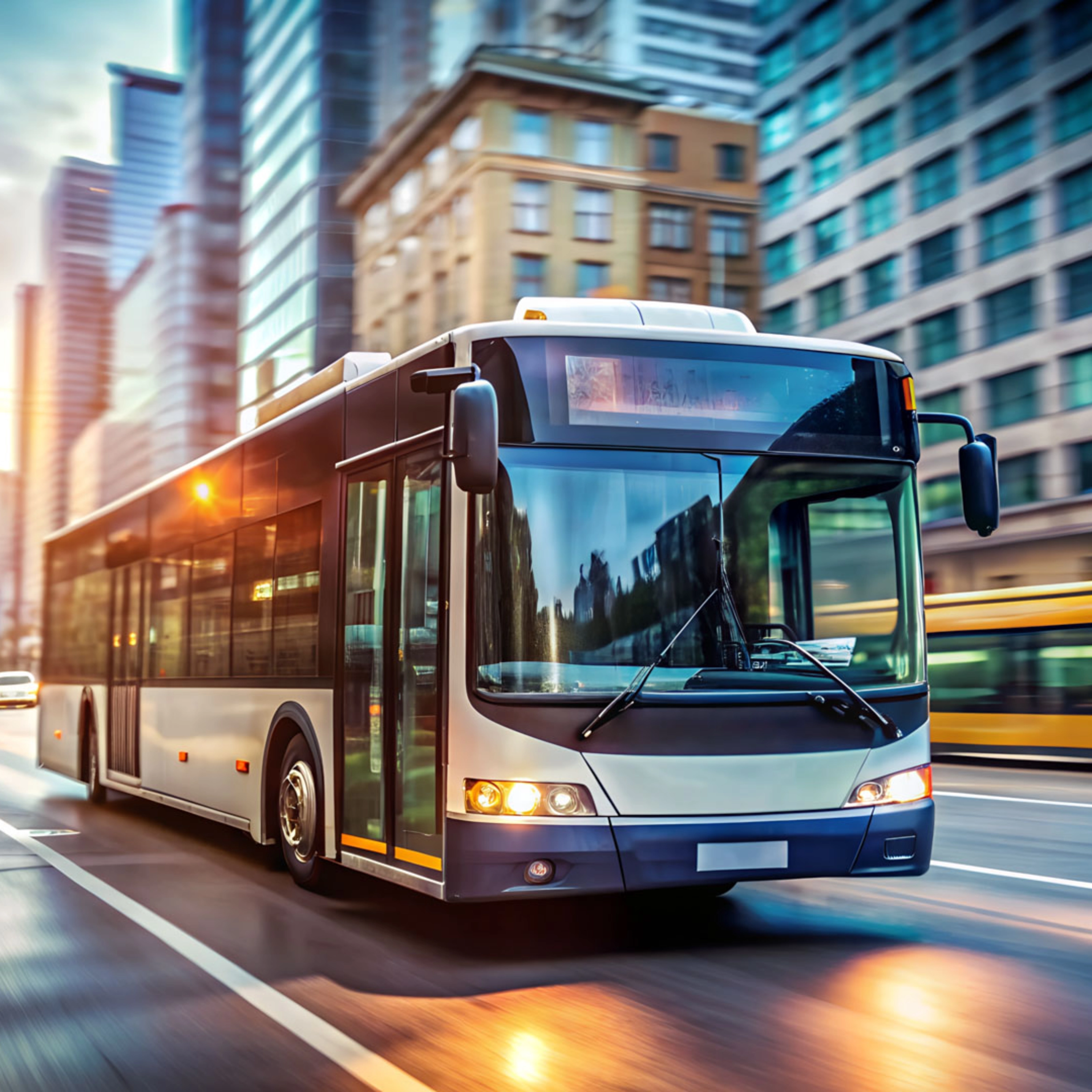 Modern city bus driving along a street lined with skyscrapers at sunset.
