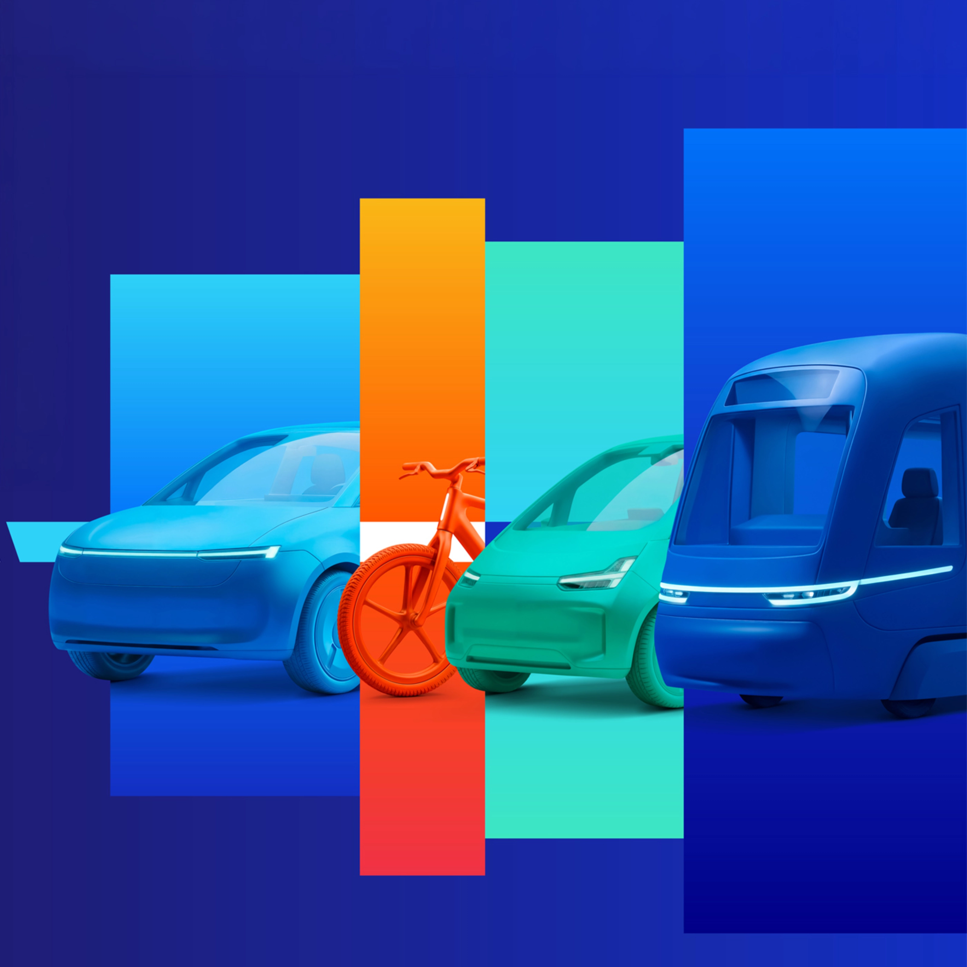 Stilisierte Grafik mit E-Auto, Fahrrad, Auto und Shuttle auf farbigen Flächen.