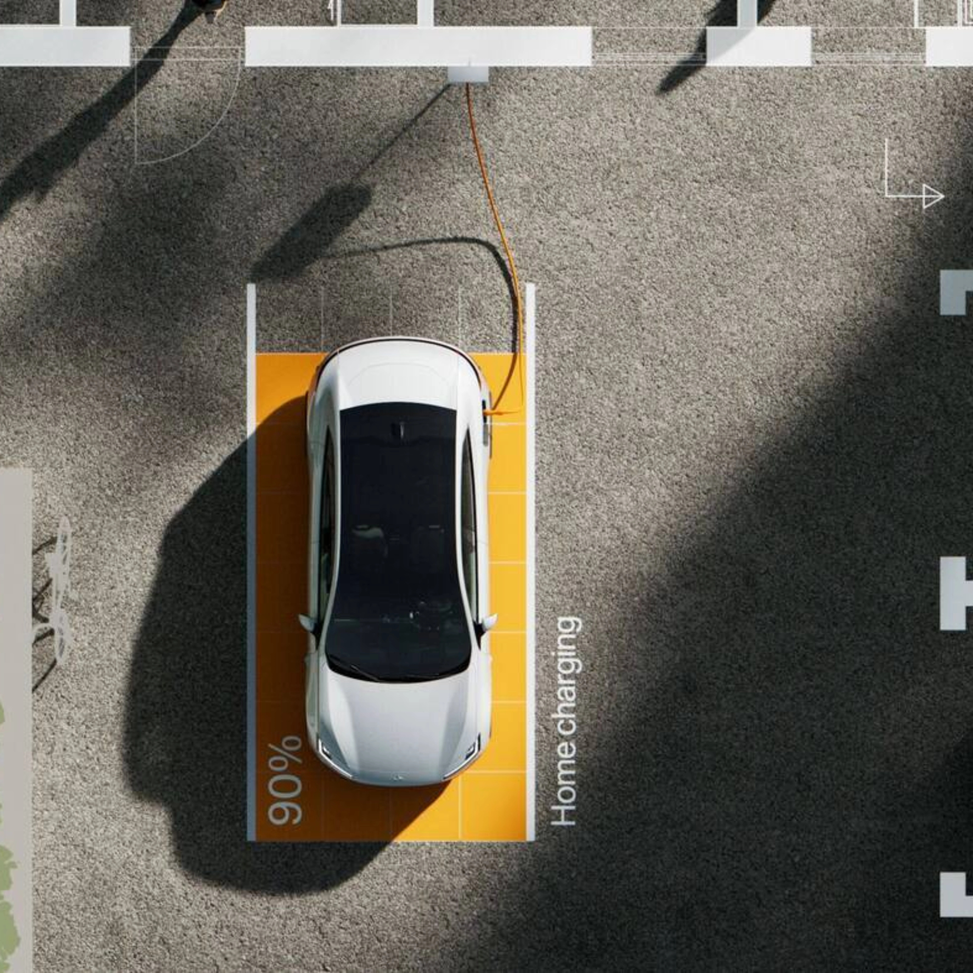 Top view of an electric car home charging, shown at 90%.