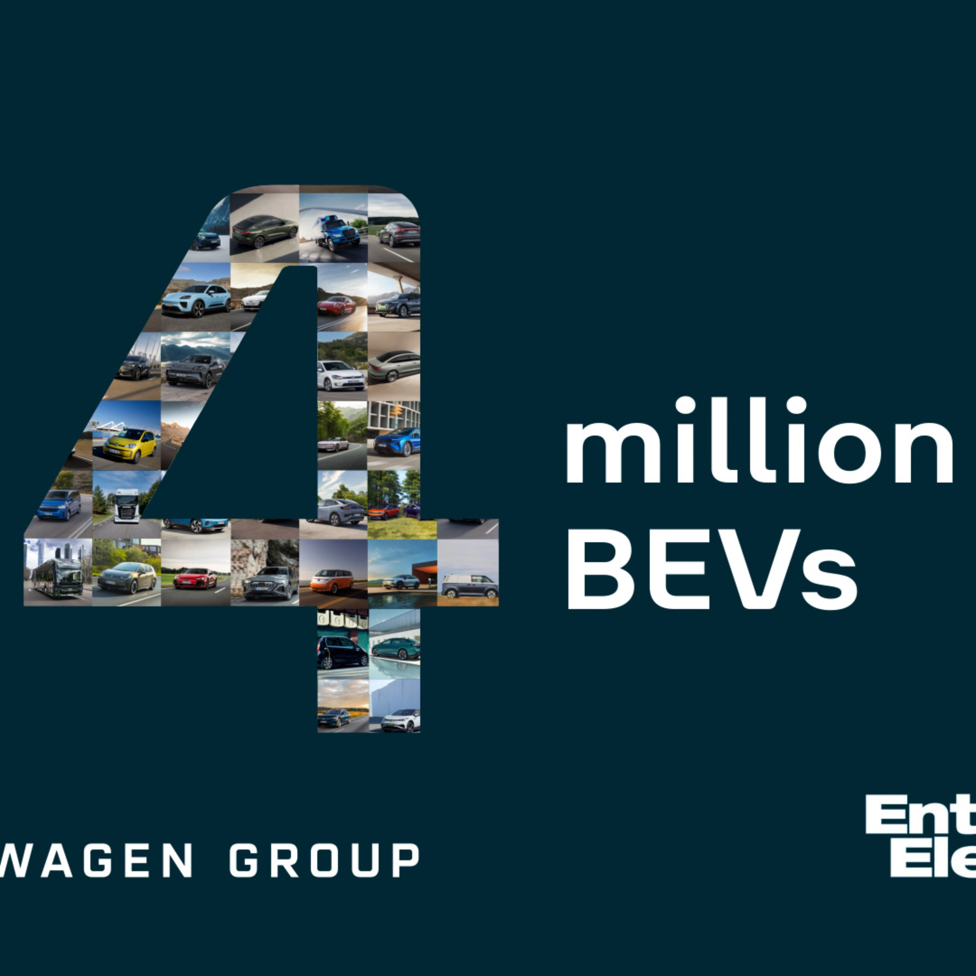 Graphic with number 4 made of car photos and text “4 million BEVs”, Volkswagen Group.
