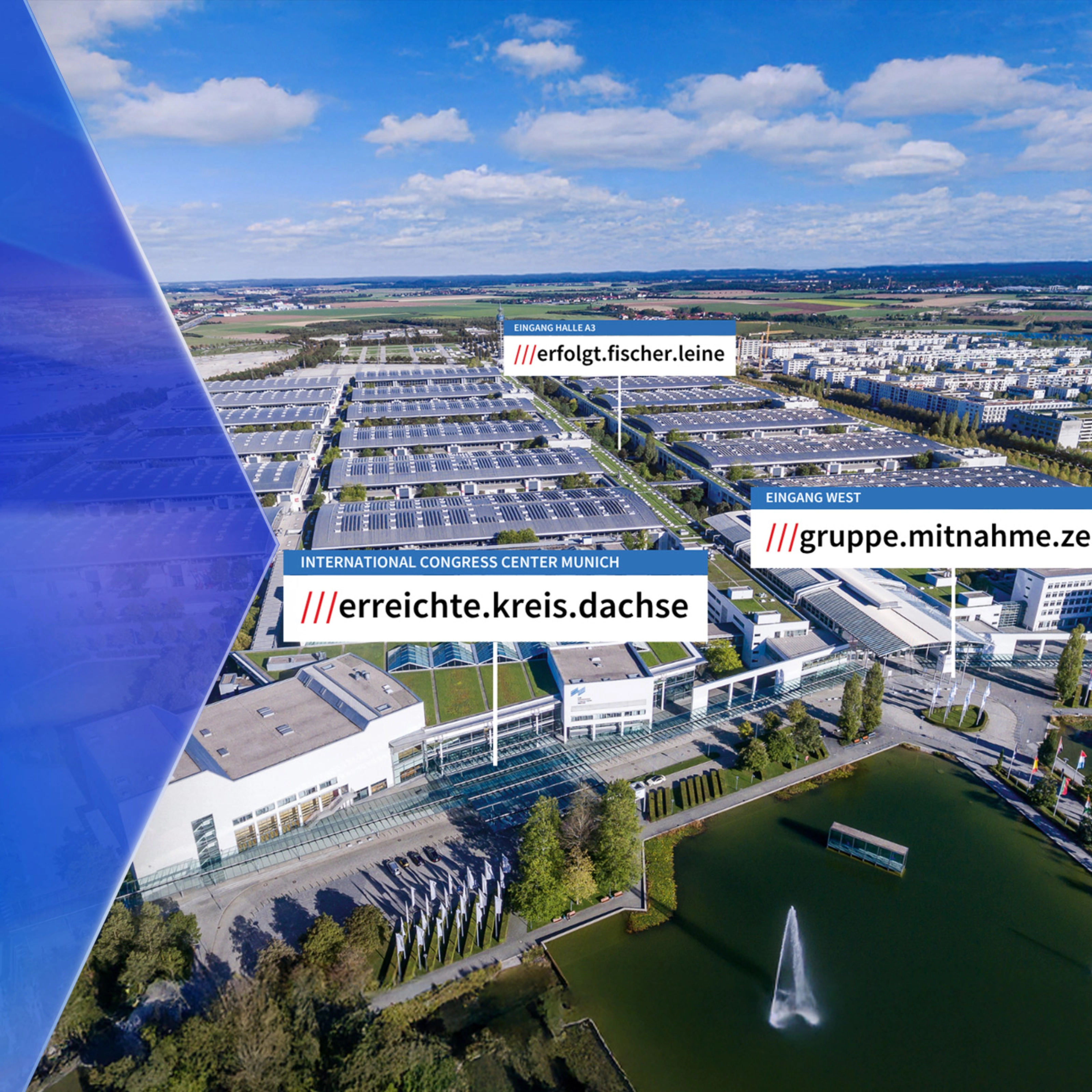 Luftaufnahme eines Messegeländes mit beschrifteten Hallen und einem Springbrunnen in der Nähe.