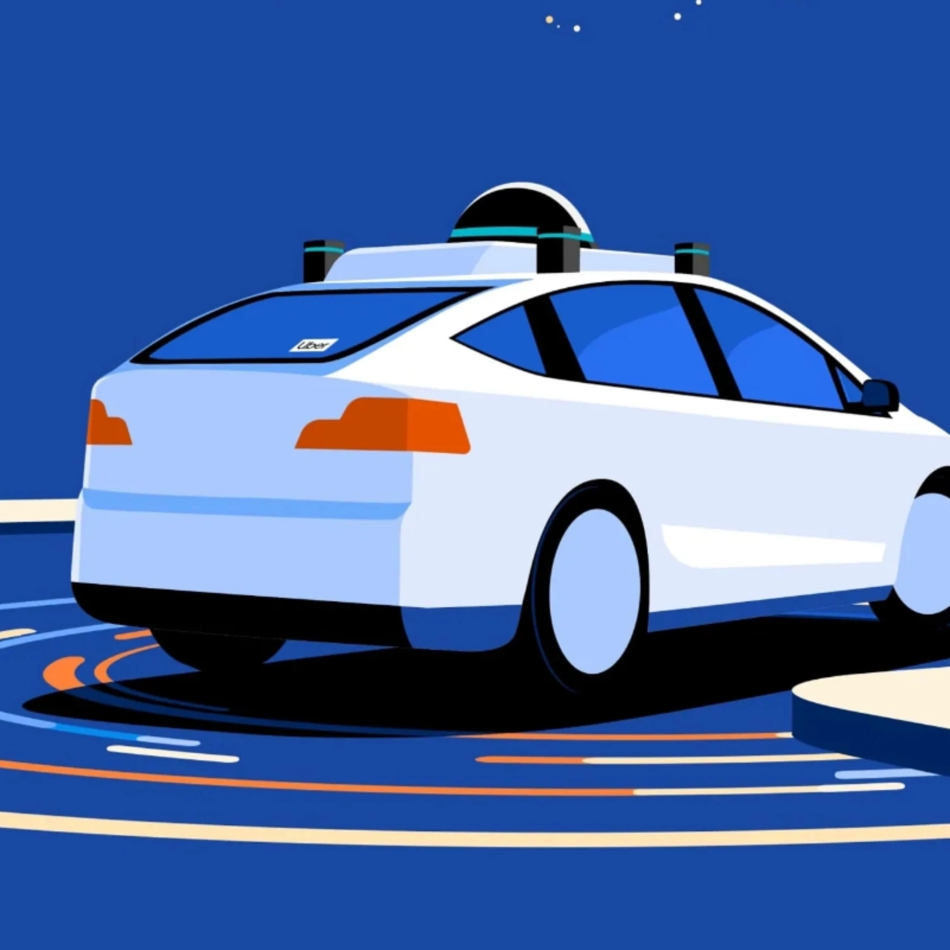 Illustration eines autonomen Autos mit Sensoren nahe Ladesäule.