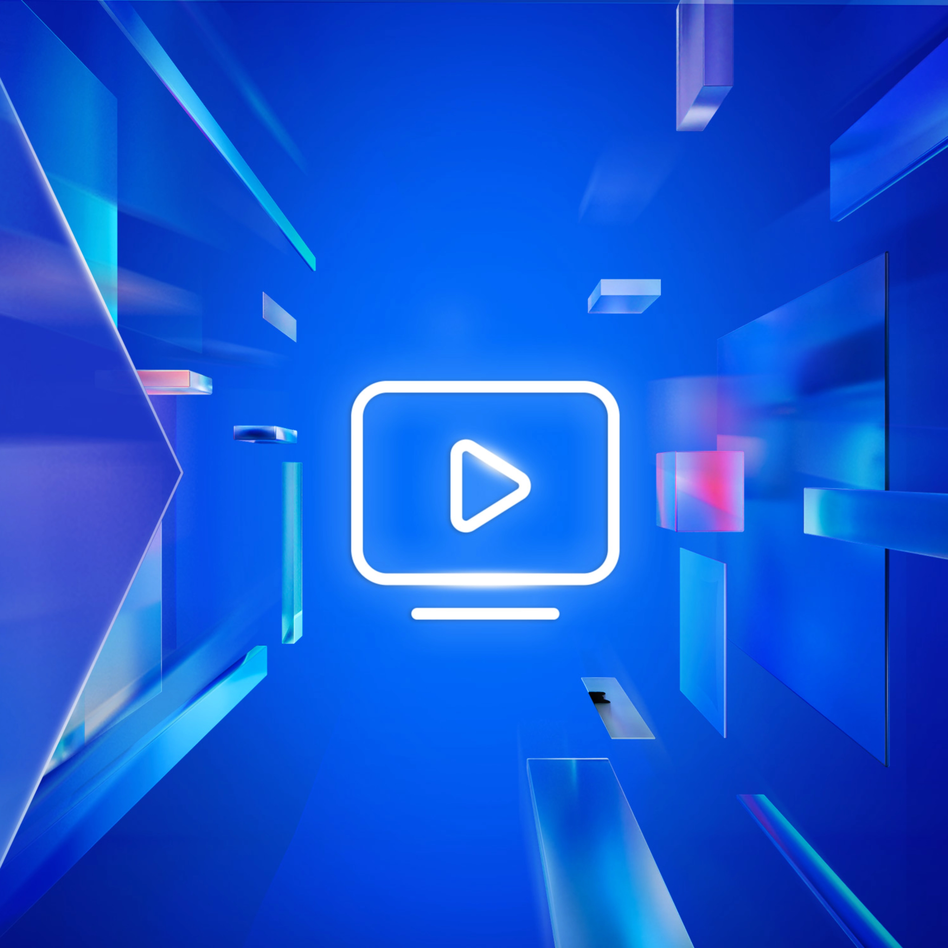 Neon-Play-Symbol auf digitalem blauem Hintergrund mit schwebenden Rechtecken.