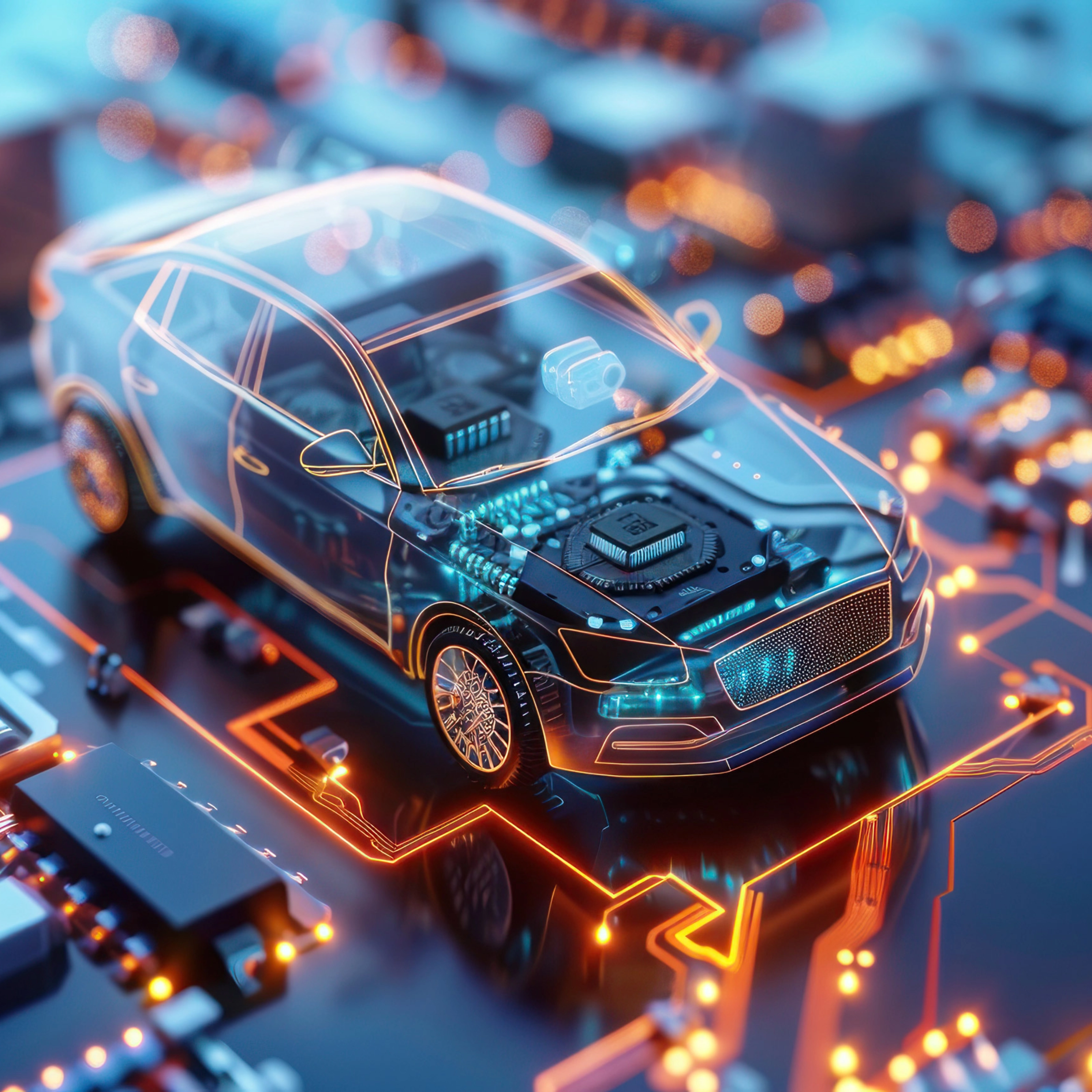 Digitale Darstellung eines vernetzten Autos auf einer Leiterplatte.