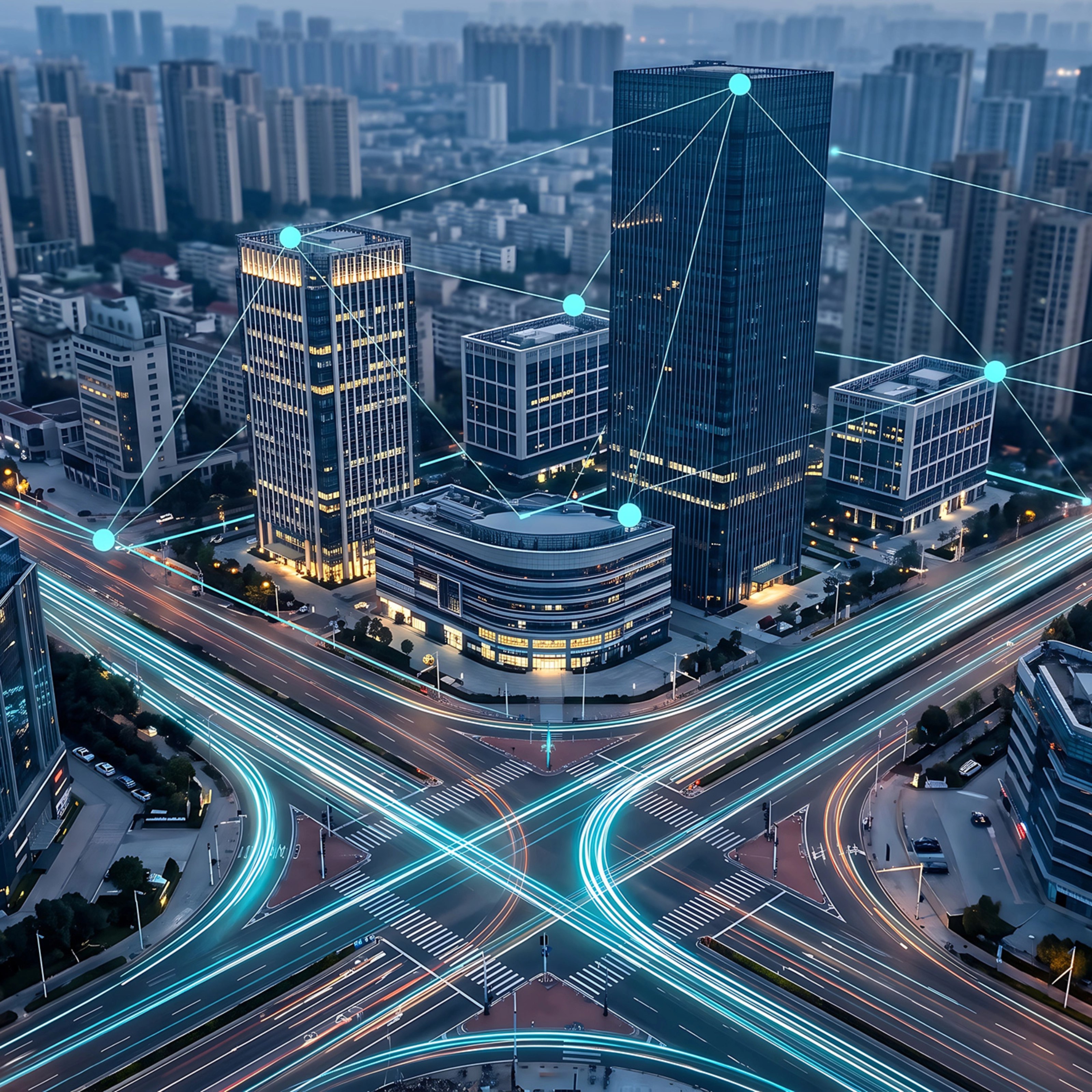 Smart City mit vernetzten Hochhäusern, digitalen Netzwerken und beleuchteten Verkehrswegen.