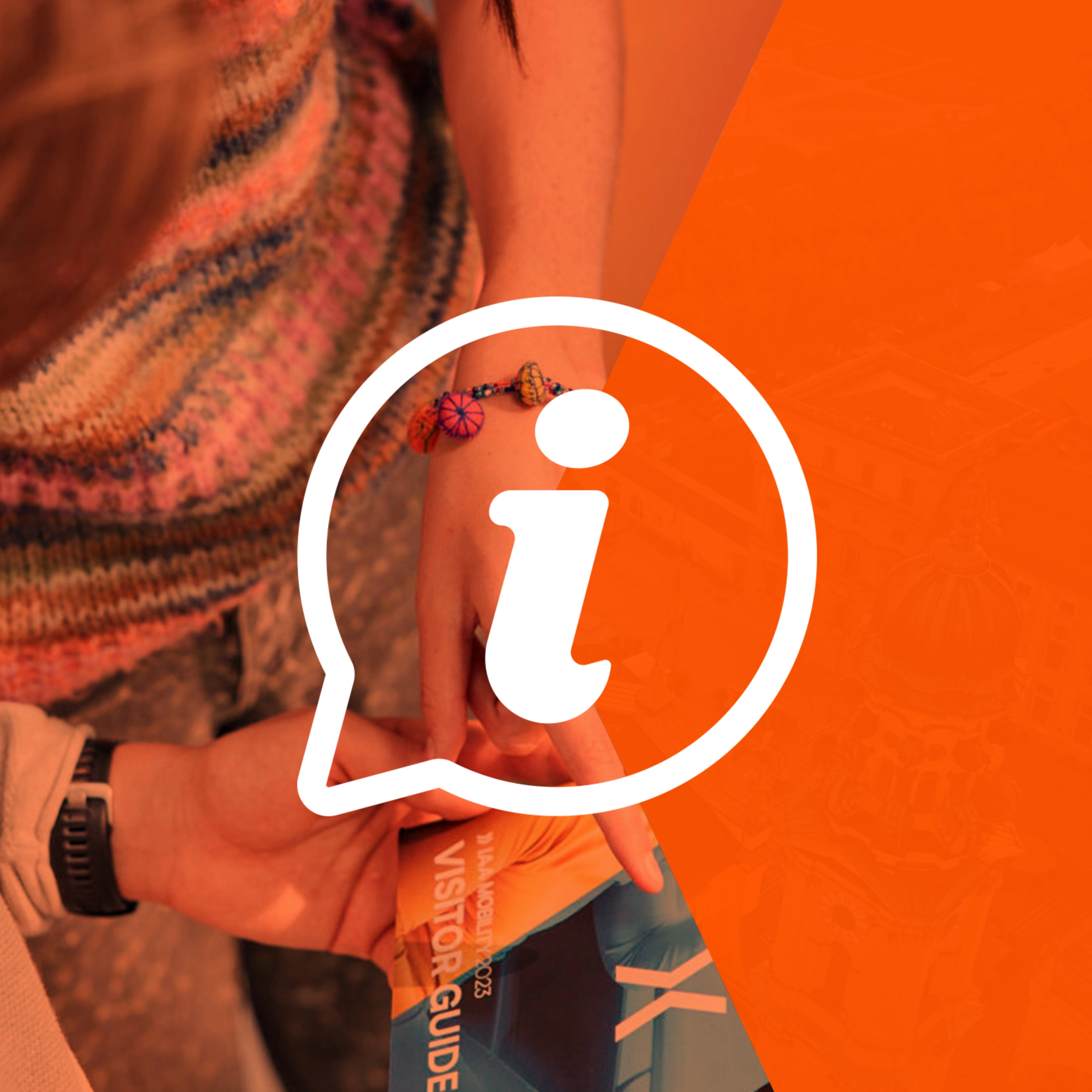 Icon with an information symbol over a photo of a person holding a visitor guide.