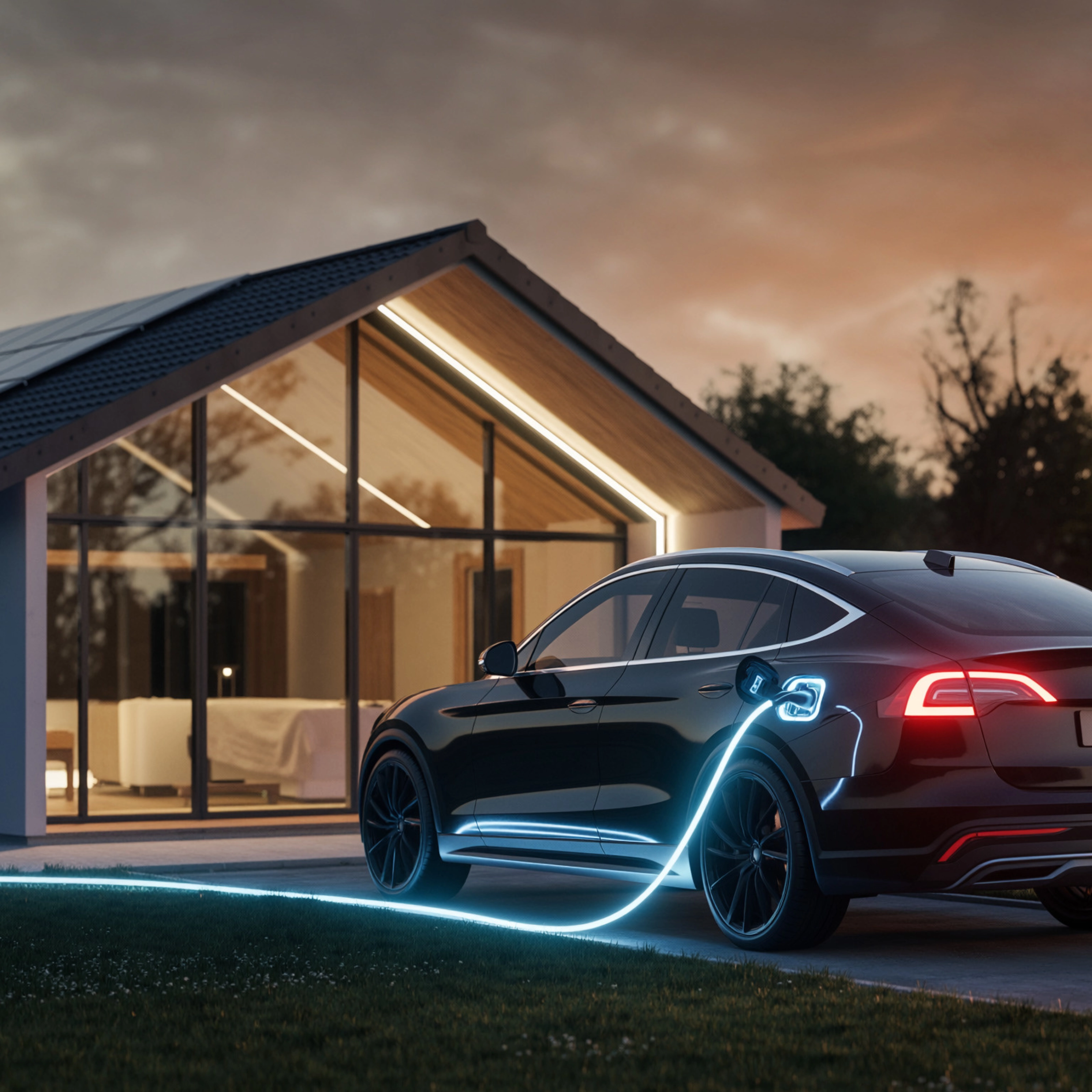 Elektroauto lädt an Wallbox vor modernem Haus in der Dämmerung.