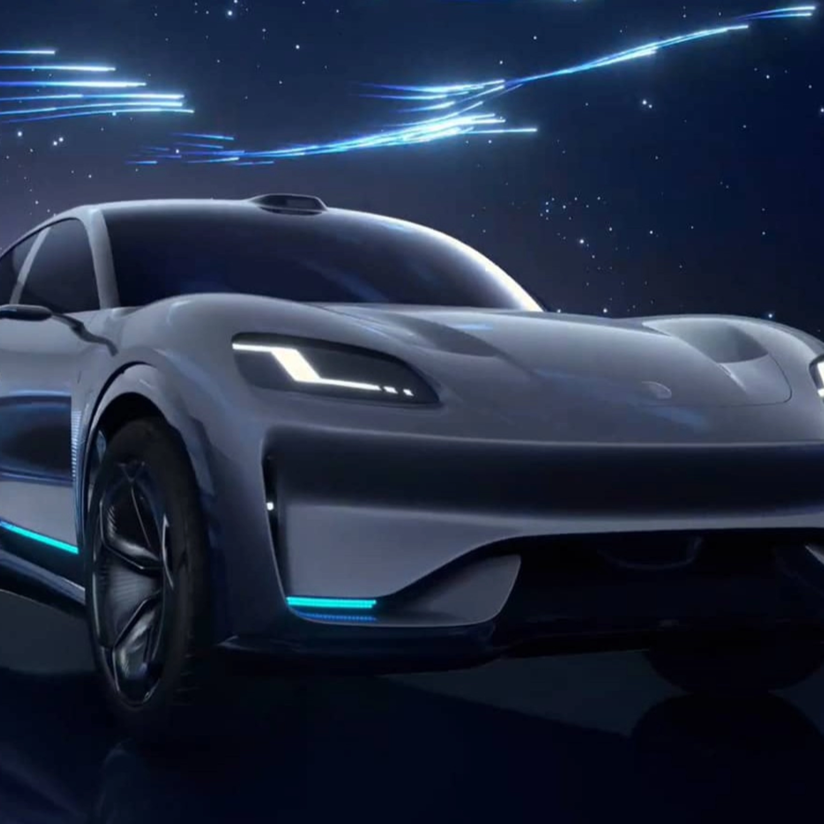 Seres electric sedan in dark blue setting with illuminated light accents.