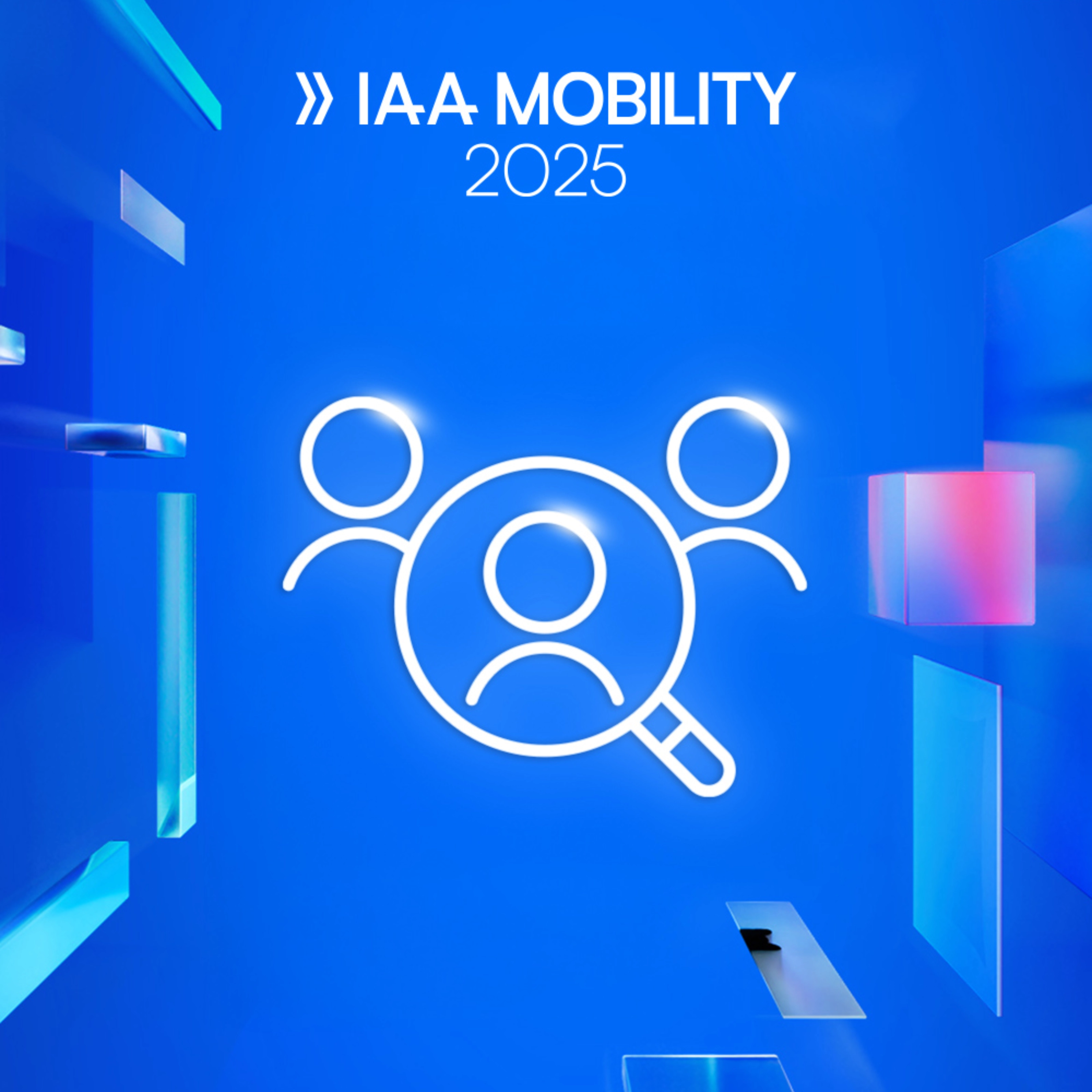 Logo der IAA Mobility 2025 mit Symbol von drei Personen und Lupe auf blauem Hintergrund.