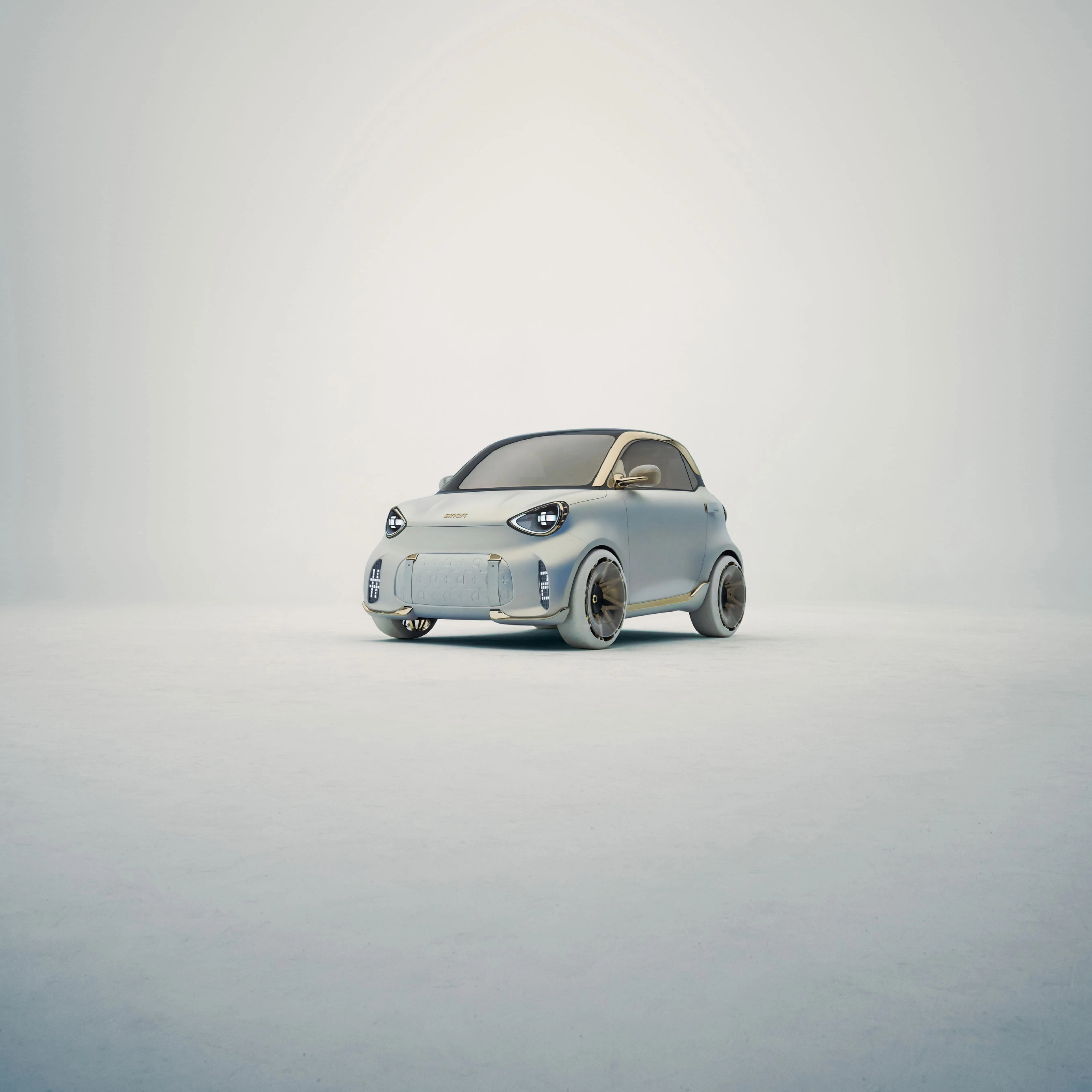 Small white compact car parked on a vast empty surface.