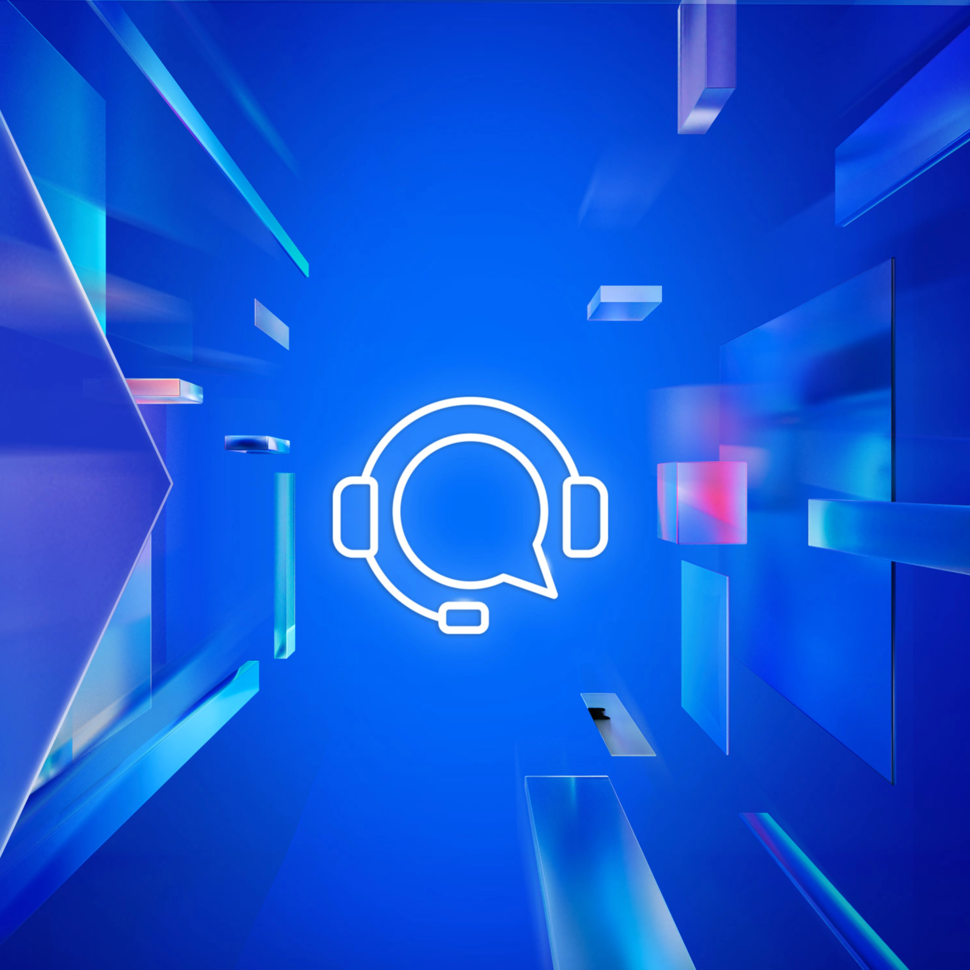 White headset icon with speech bubble on a blue digital background with floating shapes.