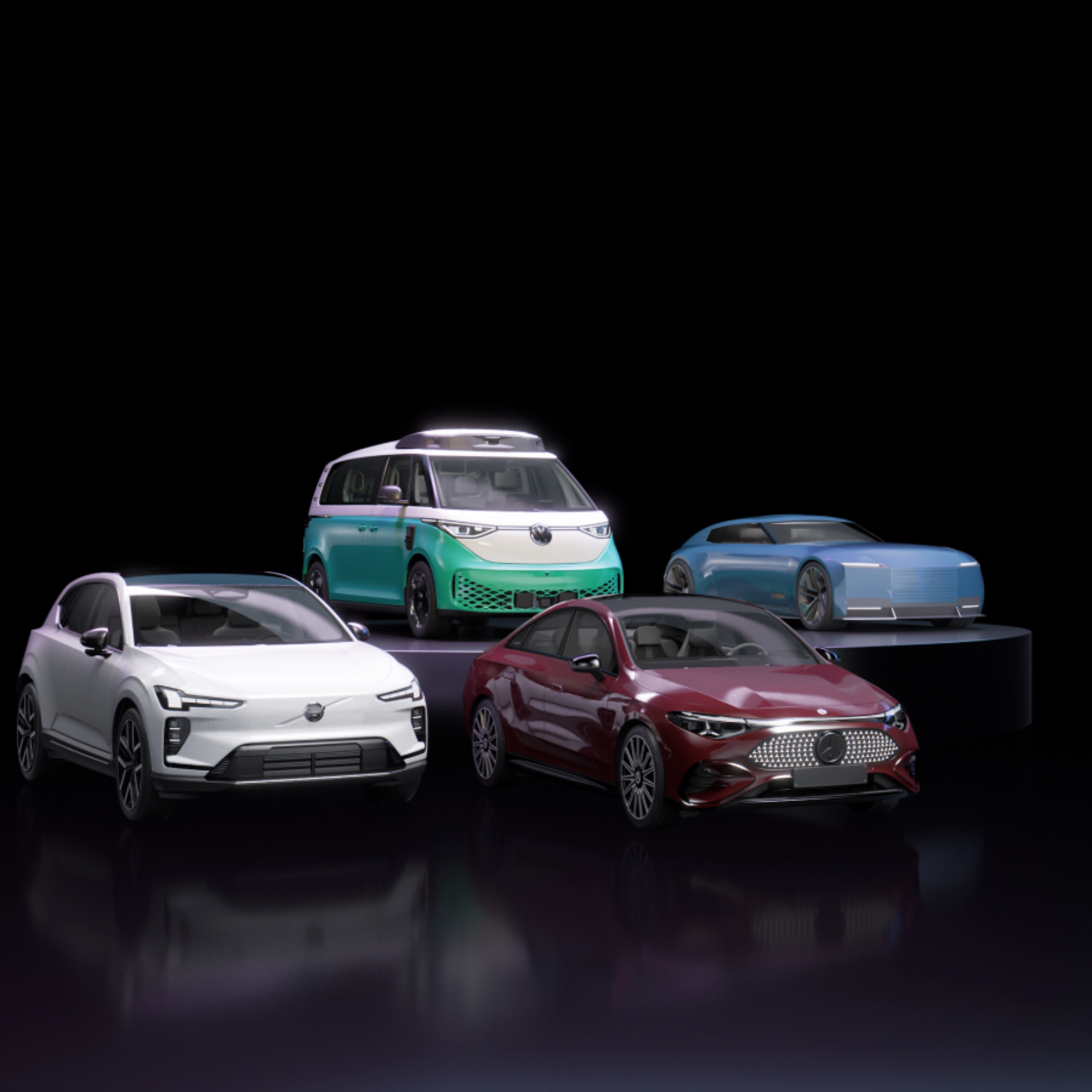 Vier Autos verschiedener Hersteller vor schwarzem Hintergrund, die NVIDIA repräsentieren.