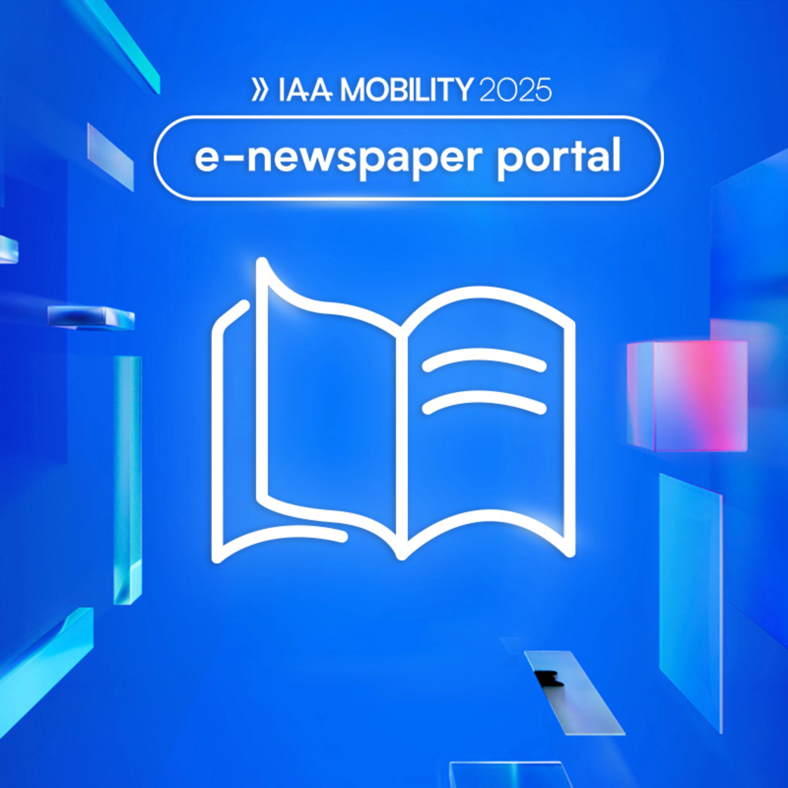 Logo der IAA MOBILITY 2025 mit digitalem Symbol einer Zeitung und dem Text „e-newspaper portal“.